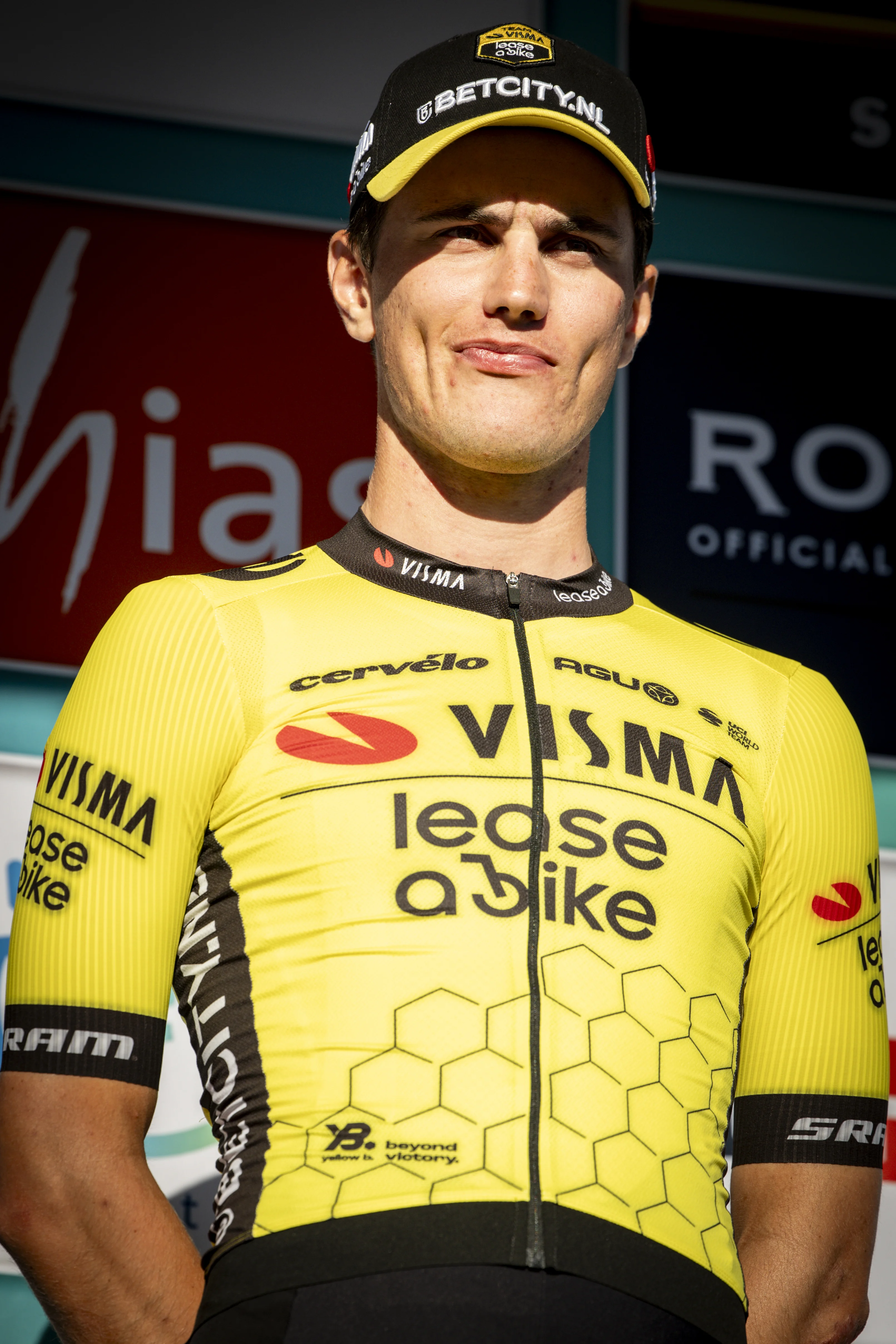 Dutch Olav Kooij of Team Visma-Lease a Bike pictured during the presentation of the teams ahead of the 'Renewi Tour' multi-stage cycling race, starting tomorrow, on Tuesday 27 August 2024. The five-day race takes place in Belgium and the Netherlands. BELGA PHOTO DAVID PINTENS