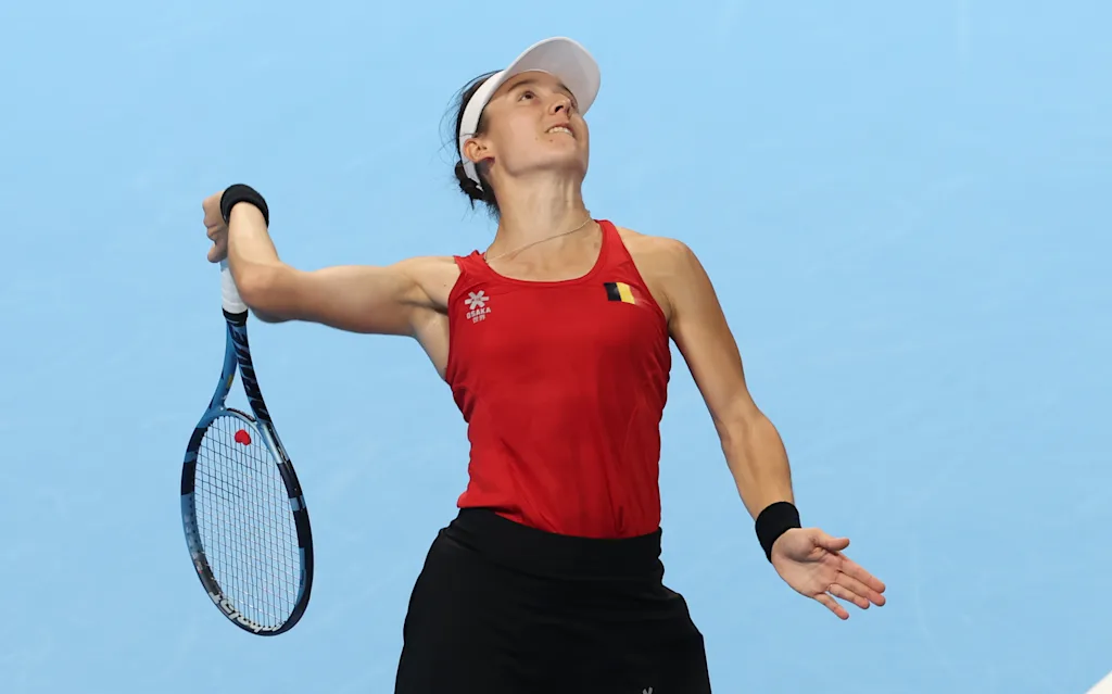 Begian Jana Otzipka pictured in action during a tennis match between Ukrainian Kalinina and Belgian Otzipka, the first rubber in the tie between Belgium and Ukraine in the Quarter Finals of the Billie King Cup tournament, on Thursday 24 September 2026 in Shenzhen, China. BELGA PHOTO VIRGINIE LEFOUR