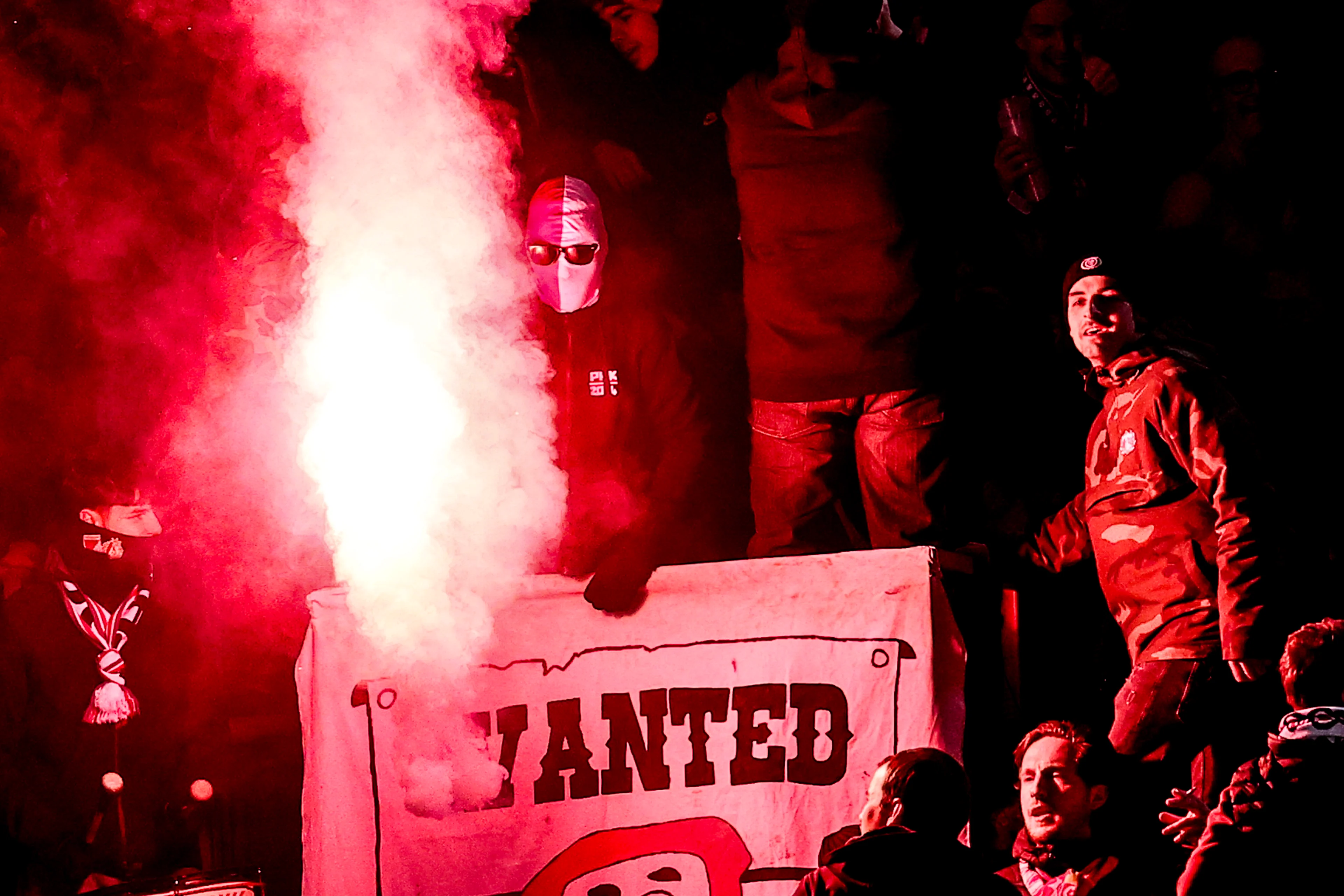 Supporters with fireworks pictured during a soccer game between Standard de Liege and Oud-Heverlee Leuven, Saturday 07 December 2024 in Liege, on day 17 of the 2024-2025 season of the "Jupiler Pro League" first division of the Belgian champiosnhip. BELGA PHOTO BRUNO FAHY