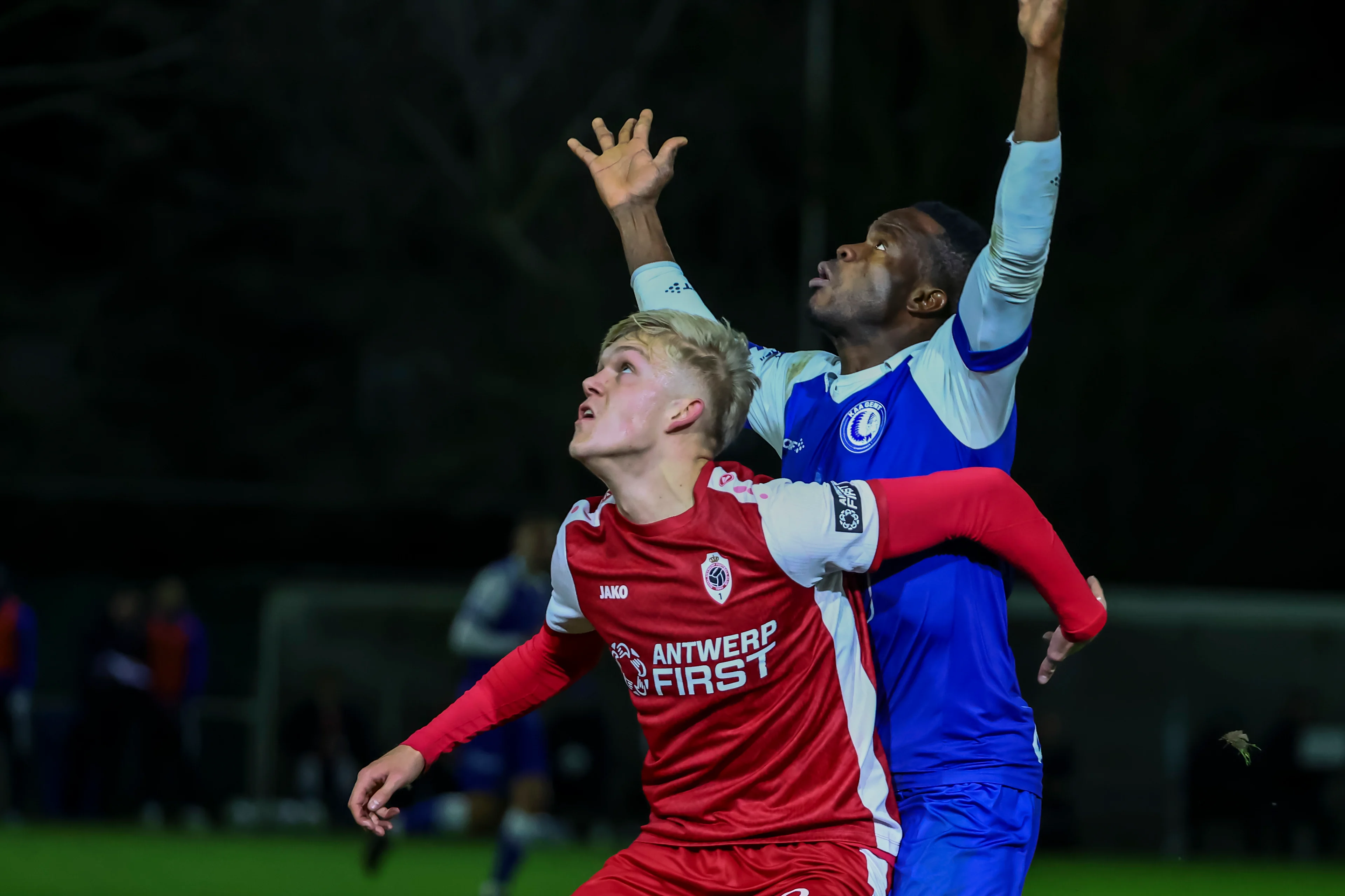 Antwerp's Jeff Godelaine and Gent's Mohamed Soumah fight for the ball during a soccer match between U21 KAA Gent and U21 Royal Antwerp FC, Friday 06 December 2024 in Gent. BELGA PHOTO DAVID PINTENS