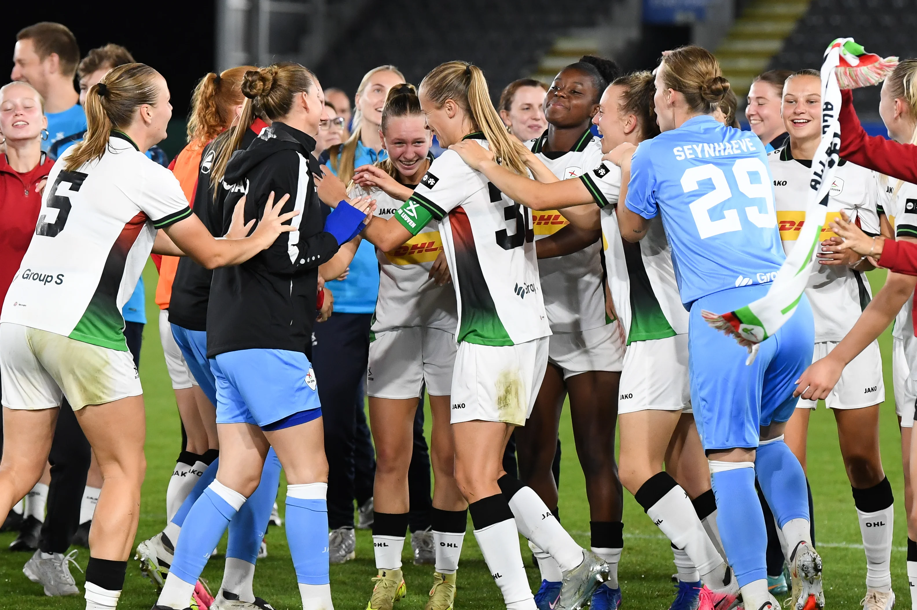 OHL's players celebrate after winning a game between Oud-Heverlee Leuven Women and Poland women team Czarni Sosnowiec,  Wednesday 2 September 2026 in Leuven, a return leg in the third round qualification game in the UEFA Women's Champions League. OHL Women won 1-4 the first leg. BELGA PHOTO JILL DELSAUX