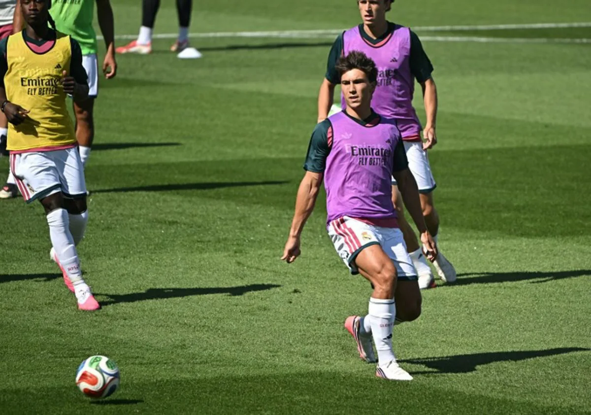 Real Madrid's Spanish forward #16 Gonzalo Garcia attends a training session at the Alfredo di Stefano Stadium in Valdebebas, on the outskirts of Madrid, on July 24, 2026. Javier SORIANO / AFP