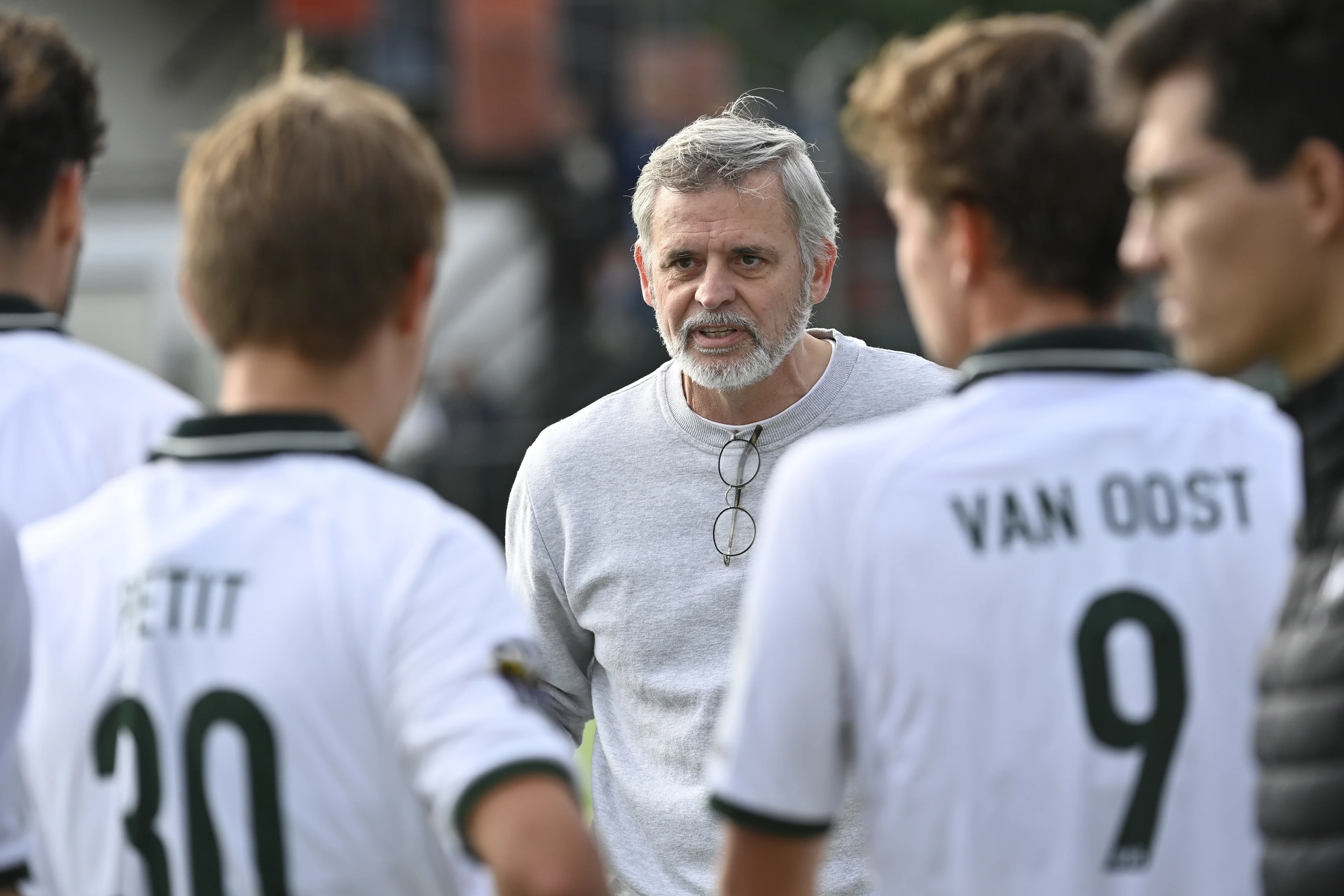 Watduck's head coach Jean Willems and talks during a hockey game between Royal Oree Hockey Club and Waterloo Ducks, Sunday 29 September 2024 in Brussels, on day 4 of the Belgian first division hockey championship. BELGA PHOTO JOHN THYS