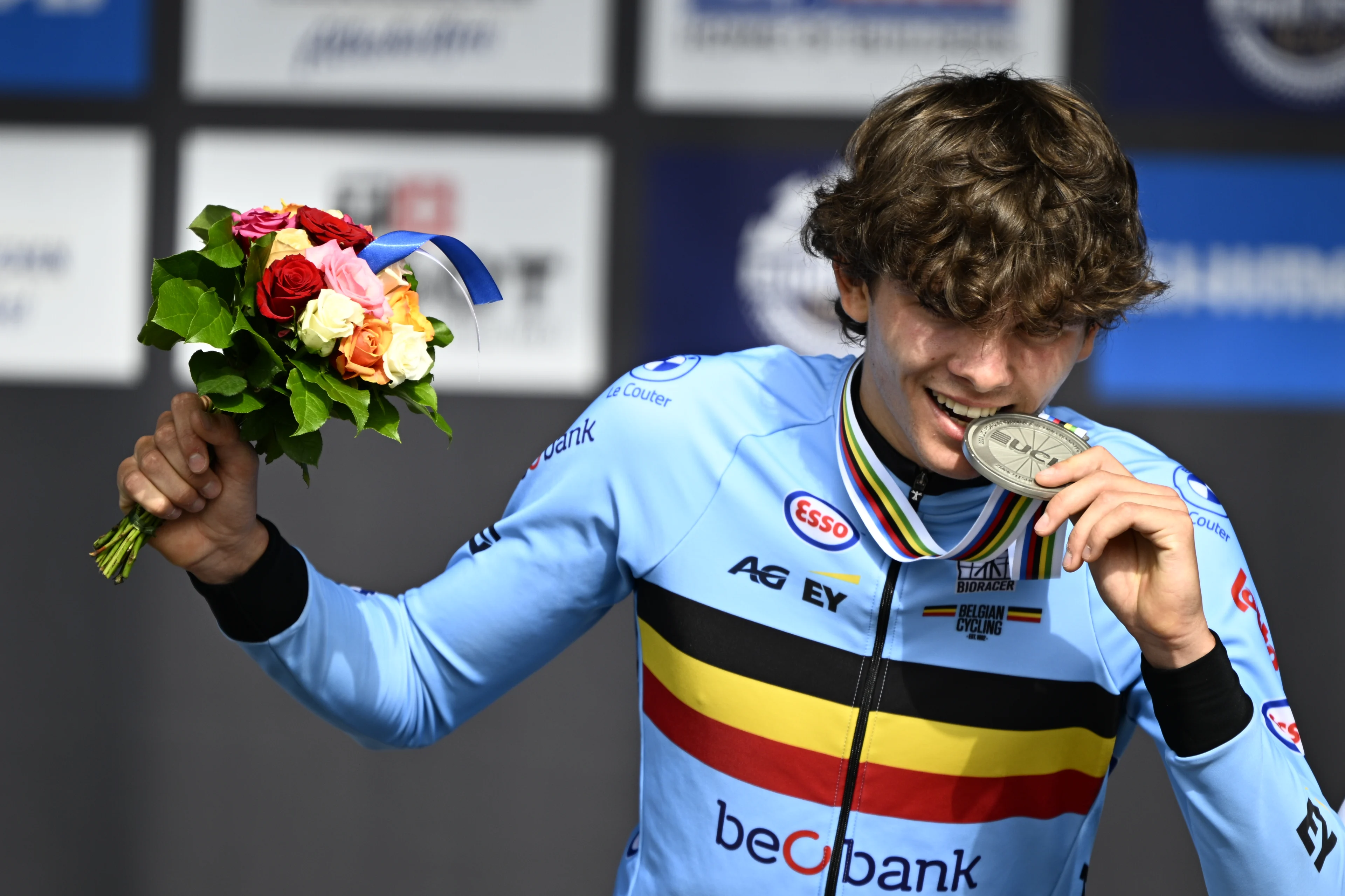 Belgian Jasper Schoofs and silver medalist pictured on the podium after the Junior Men individual time trial race at the 2024 UCI Road and Para-Cycling Road World Championships, Monday 23 September 2024, in Zurich, Switzerland. The Worlds are taking place from 21 to 29 September. BELGA PHOTO JASPER JACOBS