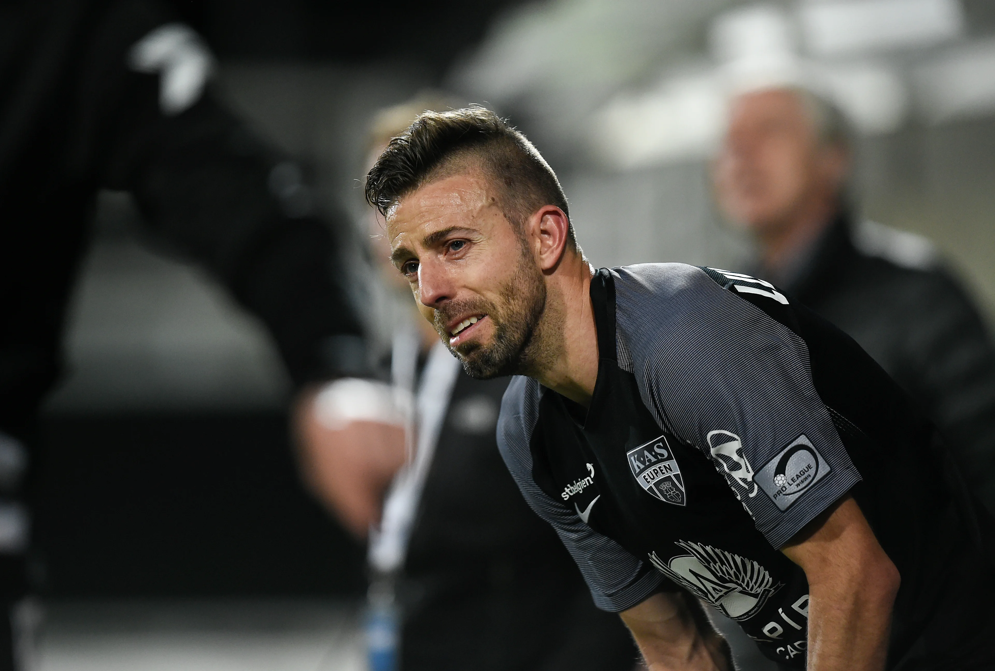 Eupen's Luis Garcia reacts as he retired as soccer player after today a soccer match between KAS Eupen and Sint-Truiden, Saturday 20 April 2019 in Eupen, on day 5 (out of 10) in group A of the Play-off 2 of the 'Jupiler Pro League' Belgian soccer championship. BELGA PHOTO JOHN THYS