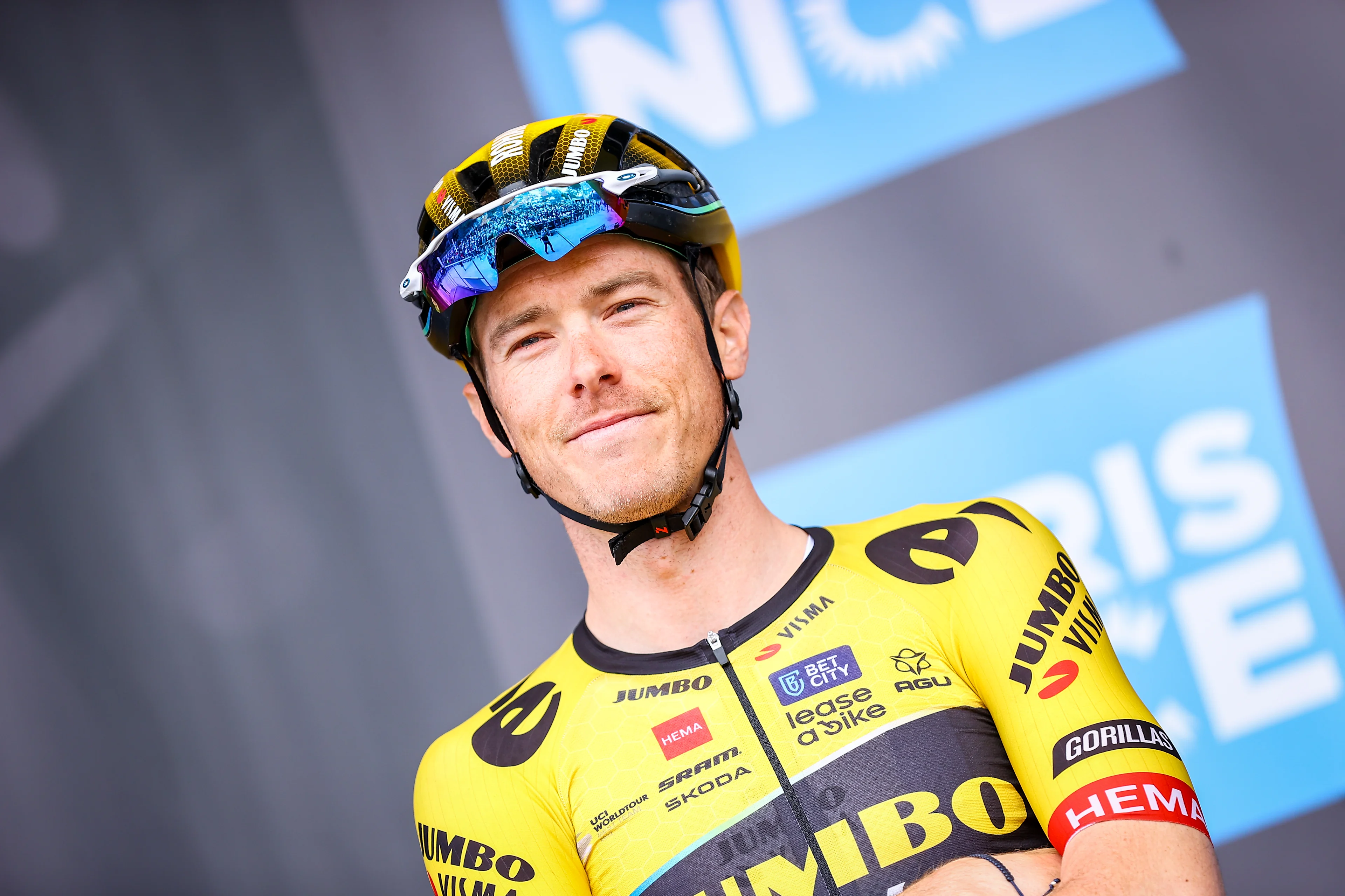 Australian Rohan Dennis of Jumbo-Visma pictured at the start of stage 6 of the 81st edition of the Paris-Nice eight days cycling race, 197,4km from Tourves to La Colle-sur-Loup, France, Friday 10 March 2023. The stage is shortened because of strong winds in the region. BELGA PHOTO DAVID PINTENS