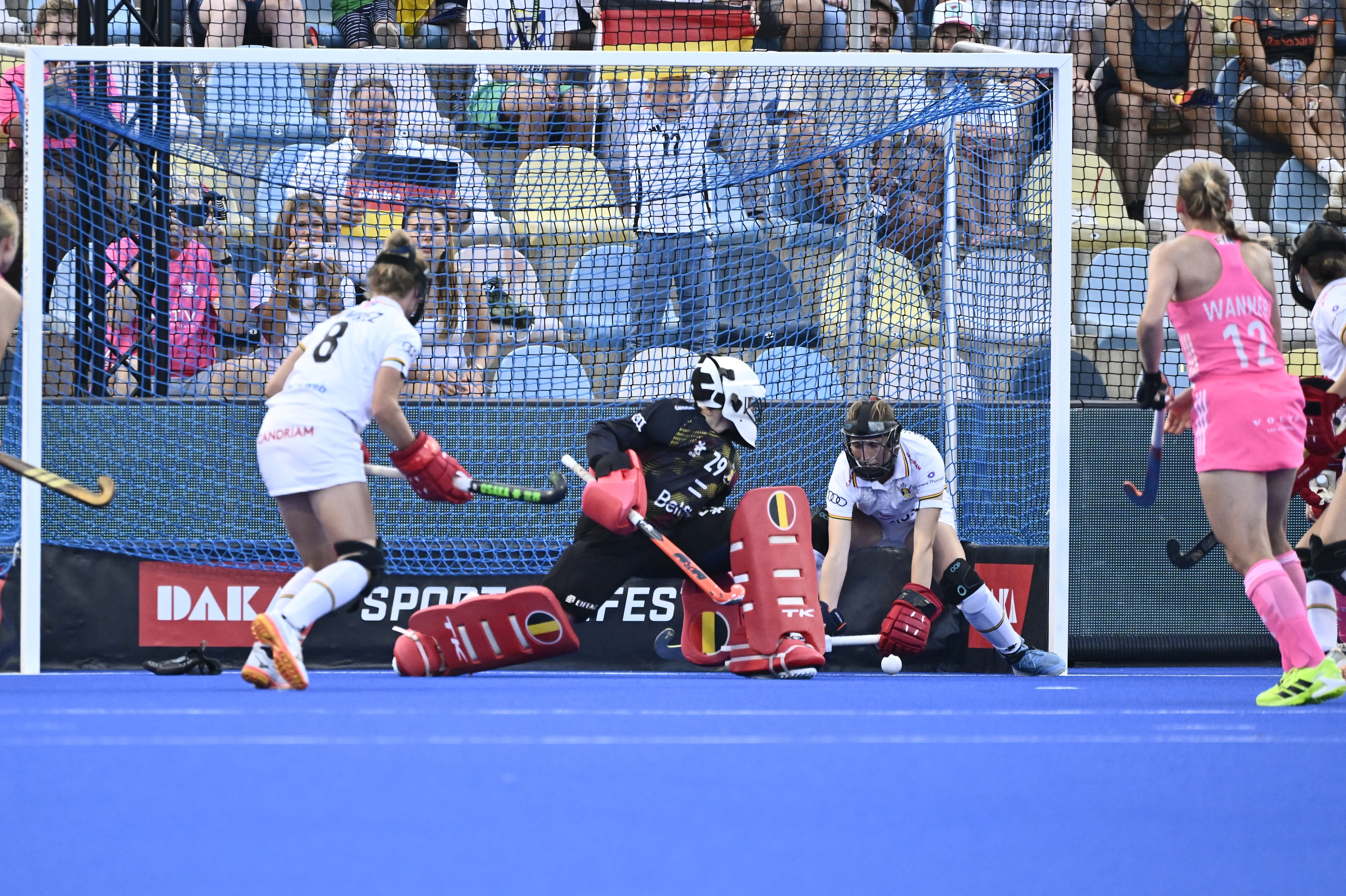 Belgium's goalkeeper Elodie Picard pictured in action during a hockey game between Germany and the Belgian national team Red Panthers, the semi-finals of the 2025 women's European championships, Friday 15 August 2025 in Monchengladbach, Germany.  BELGA PHOTO ERIC LALMAND