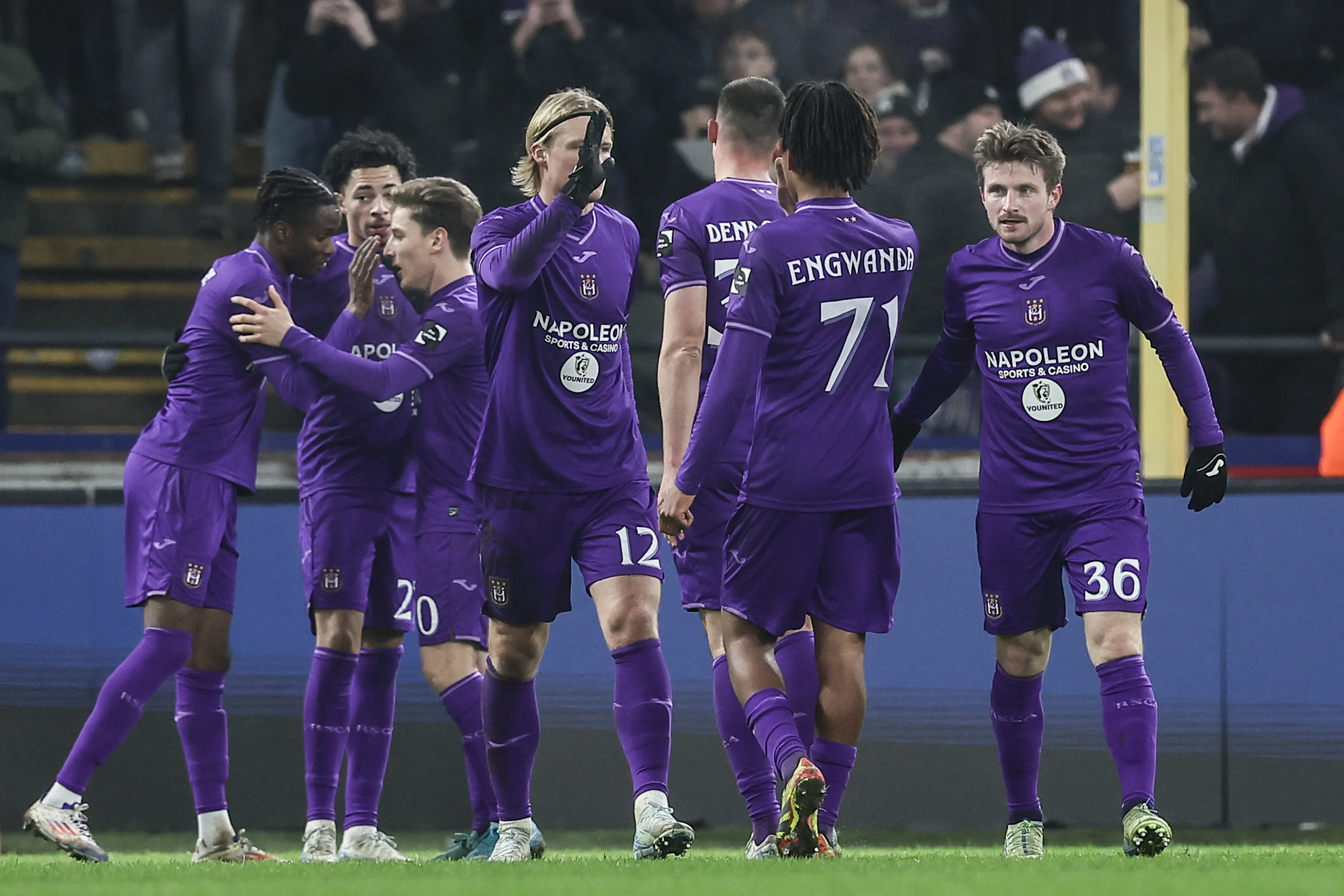 Anderlecht's Anders Dreyer celebrates after scoring during a soccer match between RSC Anderlecht and FCV Dender EH, Friday 27 December 2024 in Brussels, a game of day 20 of the 2024-2025 season of the 'Jupiler Pro League' first division of the Belgian championship. The competition was re-branded as the 'Younited Pro League' for the games of matchweek 20, to shine a light on the Younited Belgium charity. BELGA PHOTO BRUNO FAHY