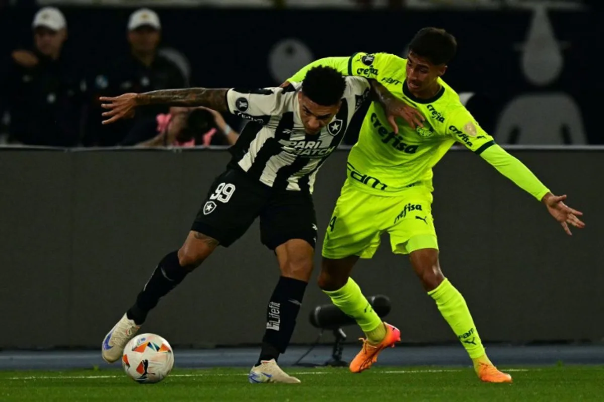 Botafogo's forward Igor Jesus (L) and Palmeiras' defender Vitor Reis fight for the ball during the Copa Libertadores round of 16 first leg all-Brazilian football match between Botafogo and Palmeiras at the Olimpico Nilton Santos stadium in Rio de Janeiro, Brazil, on August 14, 2024.  Pablo PORCIUNCULA / AFP