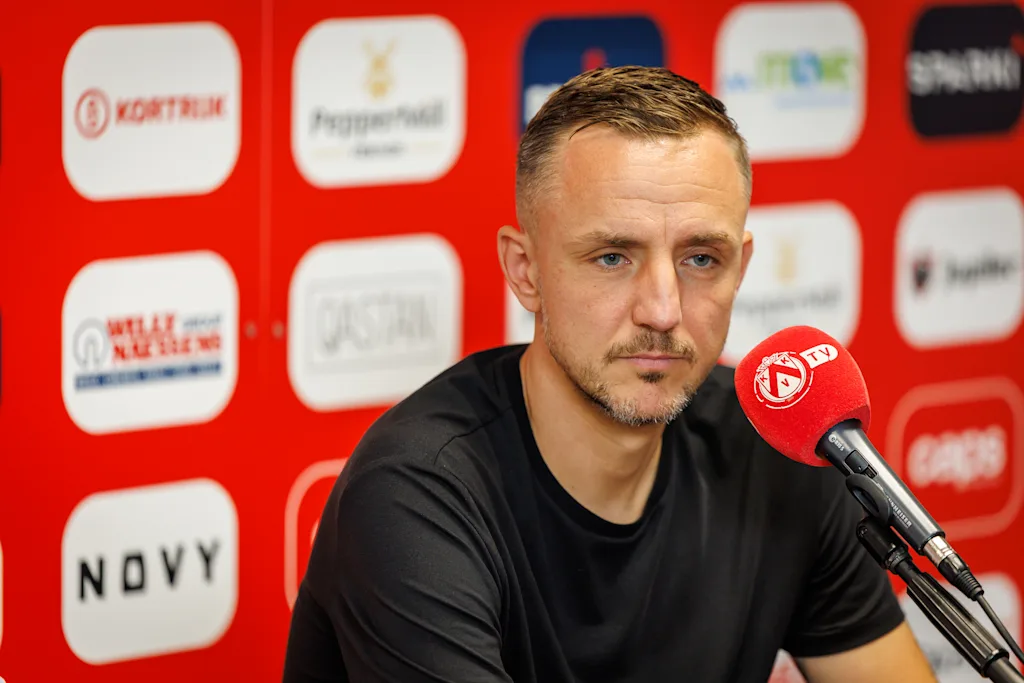 Kortrijk's head coach Daniel Beichler pictured during a press conference of Belgian soccer team KV Kortrijk, to present Austrian Beichler as new head coach, Wednesday 7 October 2026 in Kortrijk. BELGA PHOTO KURT DESPLENTER