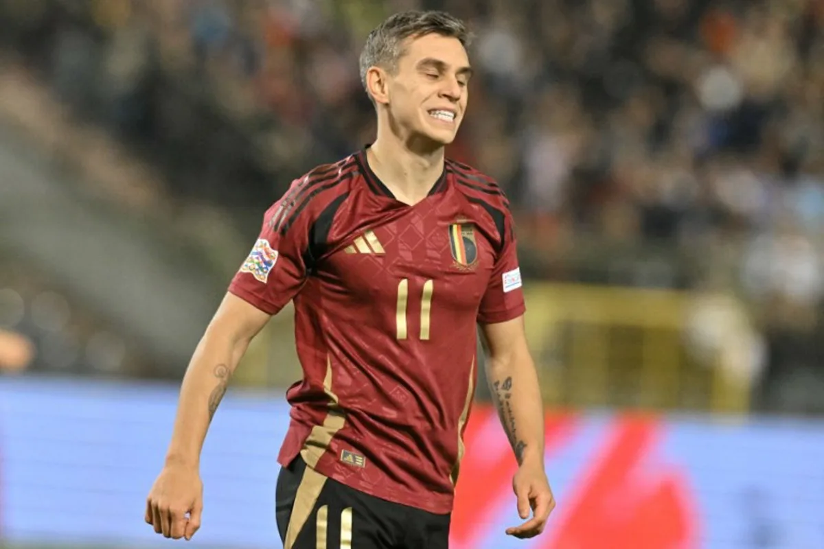 Belgium's midfielder #11 Leandro Trossard reacts during the UEFA Nations League Group A2 football match between Belgium and Italy at the King Baudouin Stadium in Brussels on November 14, 2024.  NICOLAS TUCAT / AFP