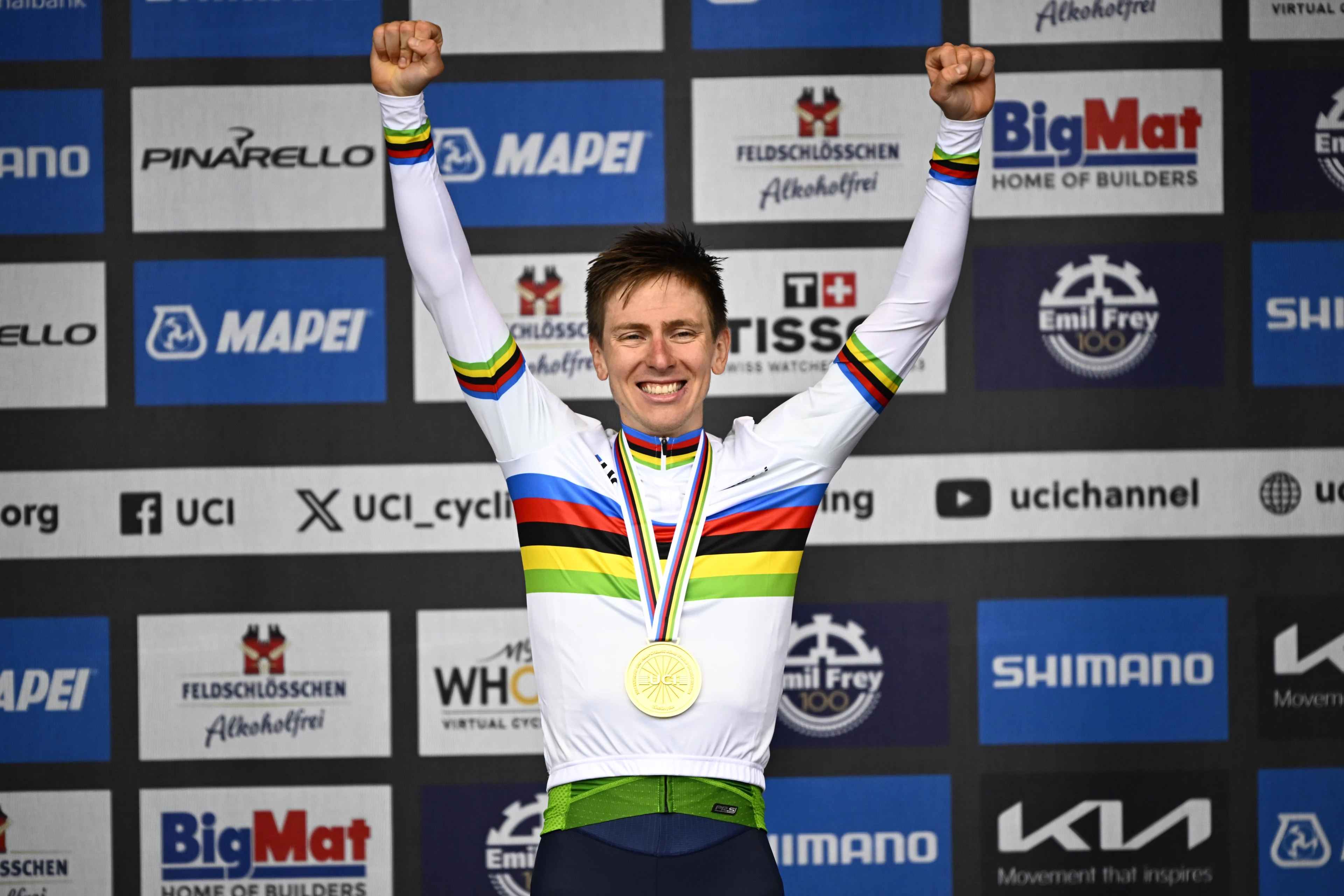 Slovenian Tadej Pogacar and gold medalist pictured on the podium of the elite men road race at the 2024 UCI Road and Para-Cycling Road World Championships, Sunday 29 September 2024, in Zurich, Switzerland. The Worlds are taking place from 21 to 29 September. BELGA PHOTO JASPER JACOBS