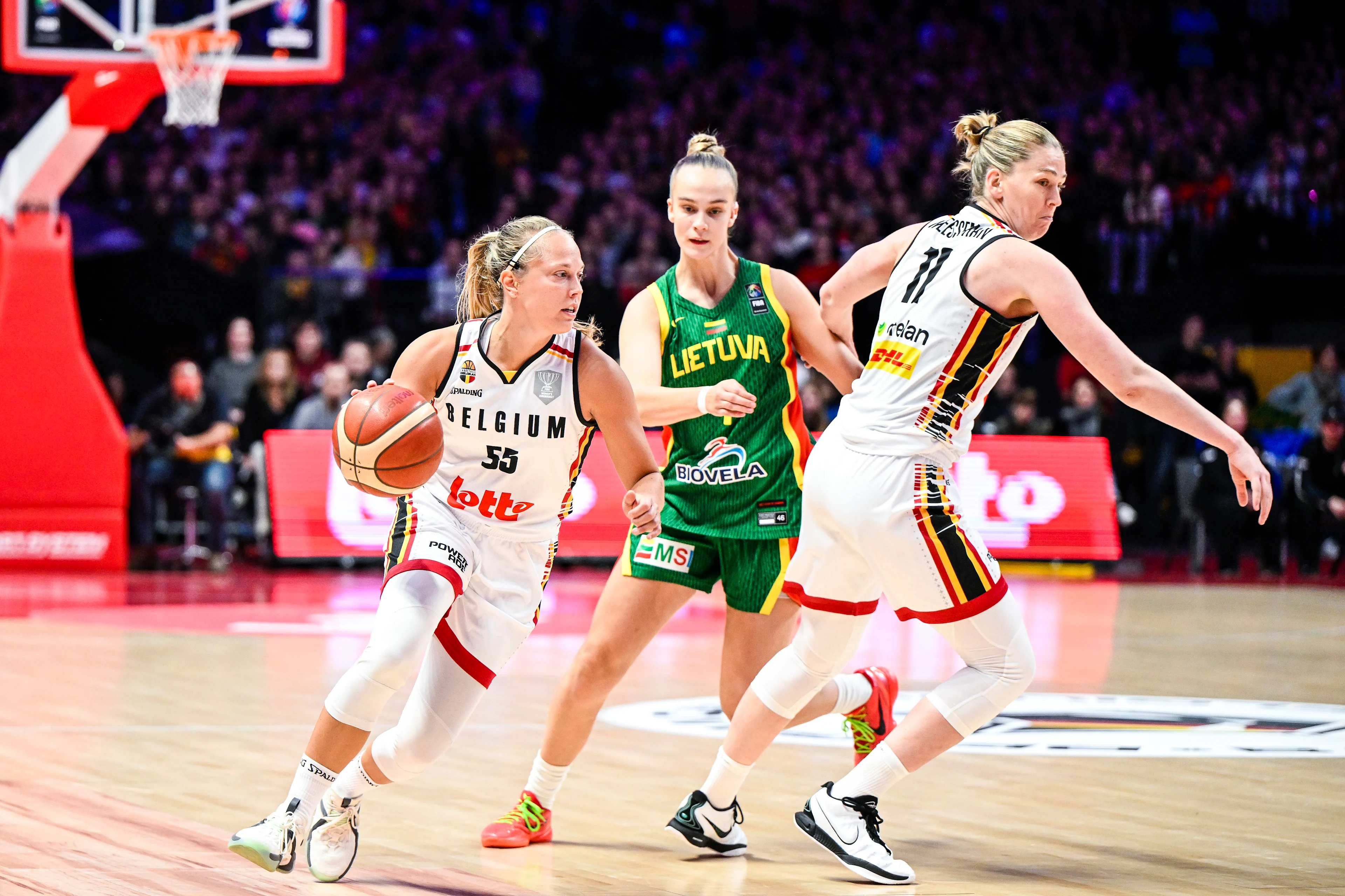 Belgium's Julie Allemand, Lithuania's Juste Jocyte and Belgium's Emma Meesseman pictured in action during a basketball game between Belgian national team the Belgian Cats and Lithuania, a qualification game (3/6) for the 2025 Eurobasket tournament, on Thursday 07 November 2024 in Antwerp, Belgium. BELGA PHOTO TOM GOYVAERTS