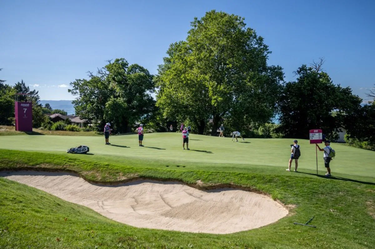 This photograph shows a general view of the hole 7 during the Evian Championship, a women LPGA major golf tournament in Evian-les-Bains, French Alps, on July 27, 2023.  Fabrice COFFRINI / AFP