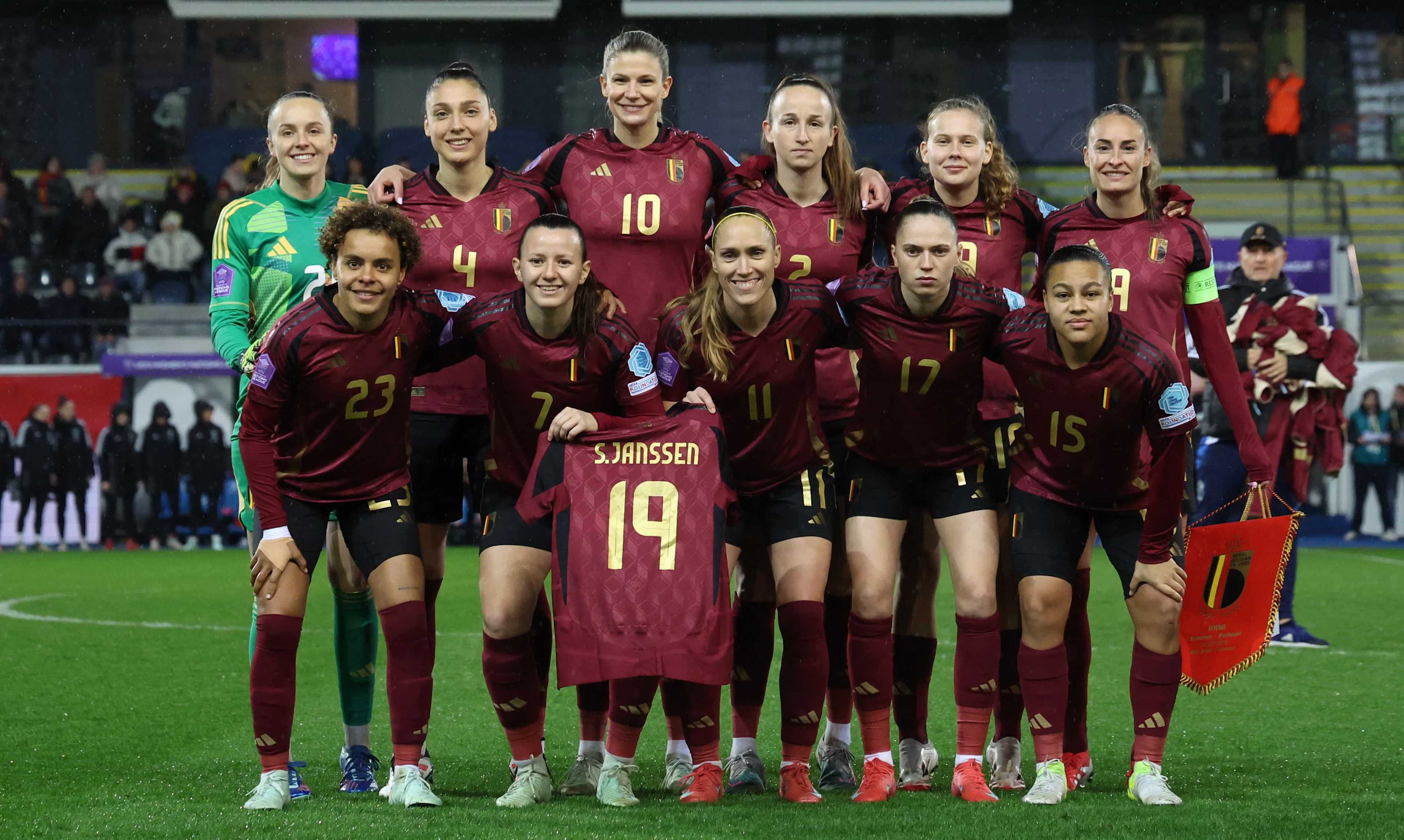 Belgium's players pose for the photographer at a soccer game between the national teams of Belgium (Red Flames) and Portugal, on the second matchday in group A3 of the 2024-25 Women's Nations League competition, on Wednesday 26 February 2025 in Heverlee, Leuven. BELGA PHOTO VIRGINIE LEFOUR