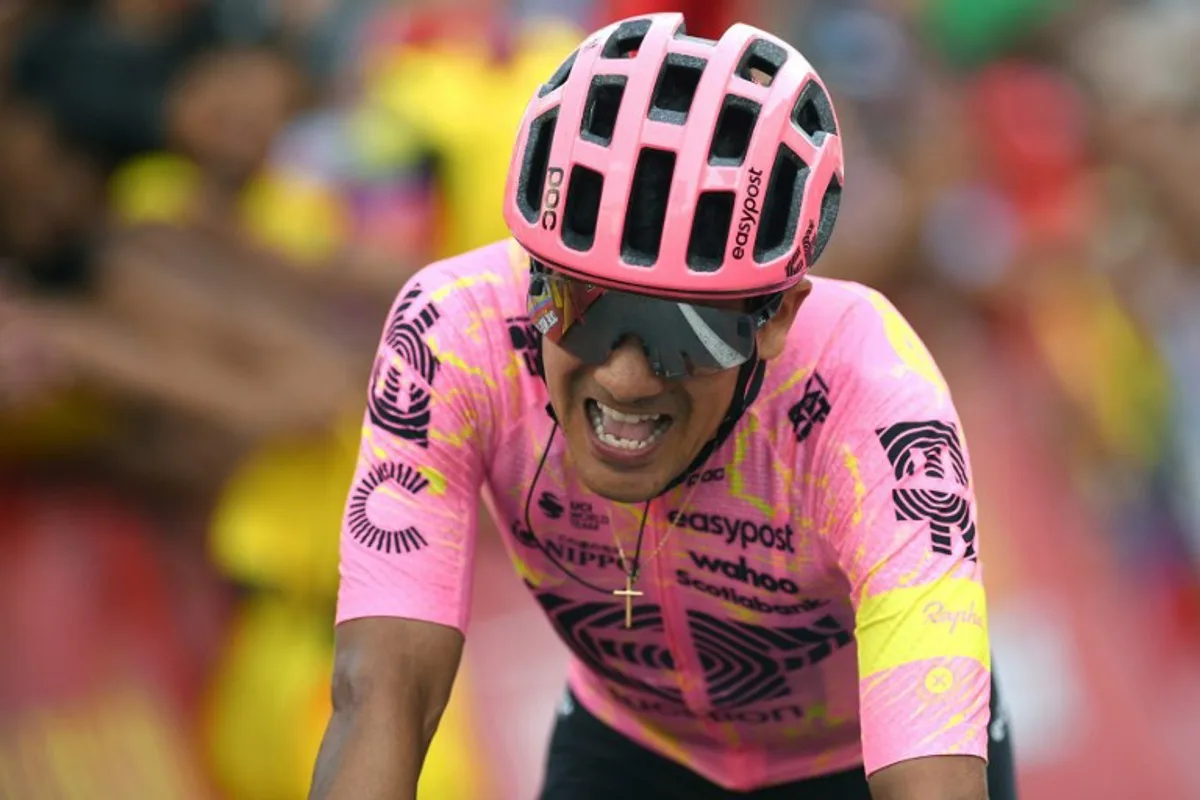 Team EF Education's Richard Carapaz reacts after crossing the finish in second place at the end of the stage 9 of La Vuelta a Espana cycling tour, a 178,5 km race between Motril and Granada, on August 25, 2024.    Jorge GUERRERO / AFP