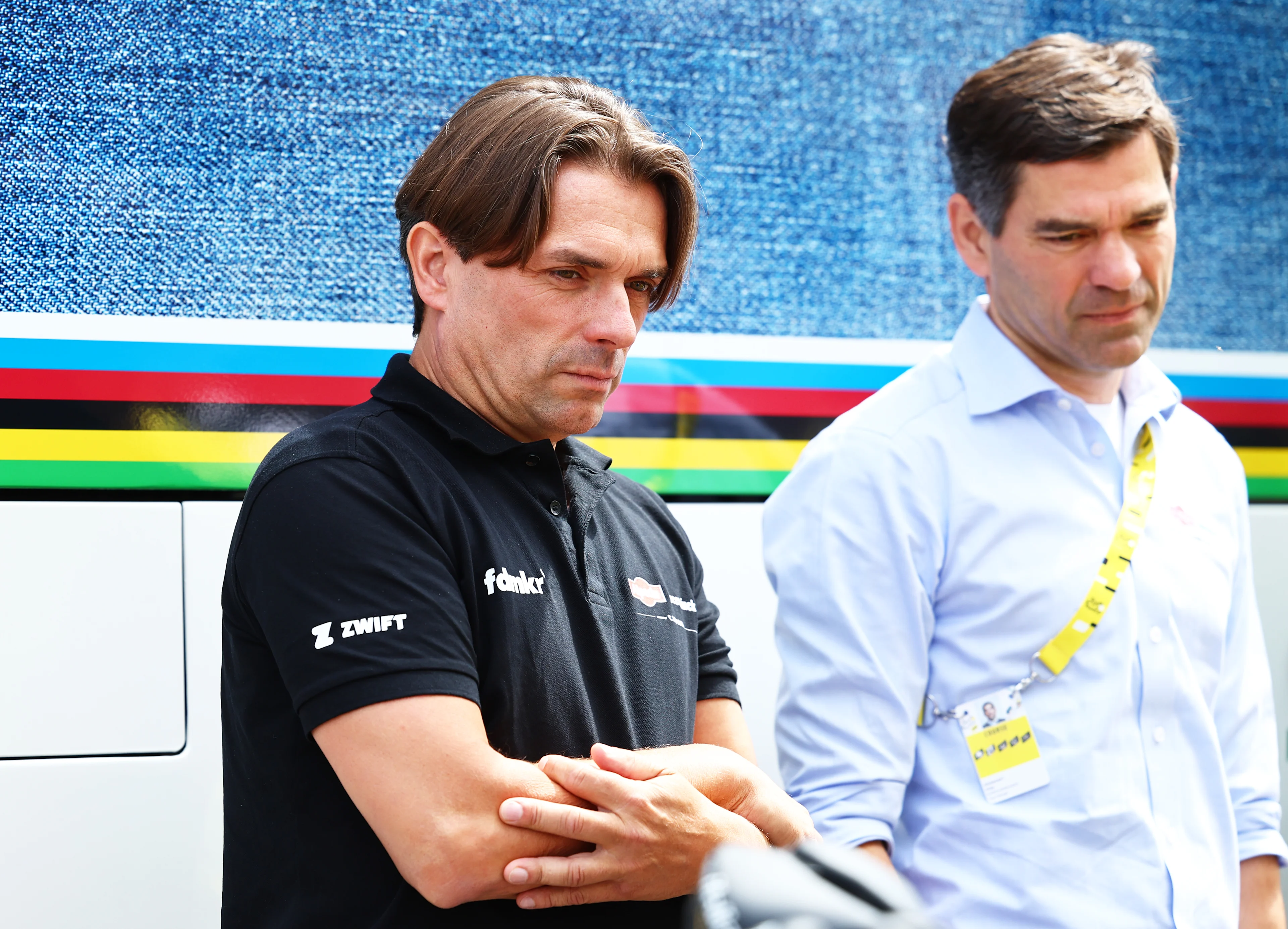 Alpecin-Deceuninck team manager Christoph Roodhooft and Alpecin-Deceuninck team manager Philip Roodhooft pictured at the start of stage 9 of the 2024 Tour de France cycling race, from Troyes to Troyes, France (199 km) on Sunday 07 July 2024. The 111th edition of the Tour de France starts on Saturday 29 June and will finish in Nice, France on 21 July.  BELGA PHOTO DAVID PINTENS