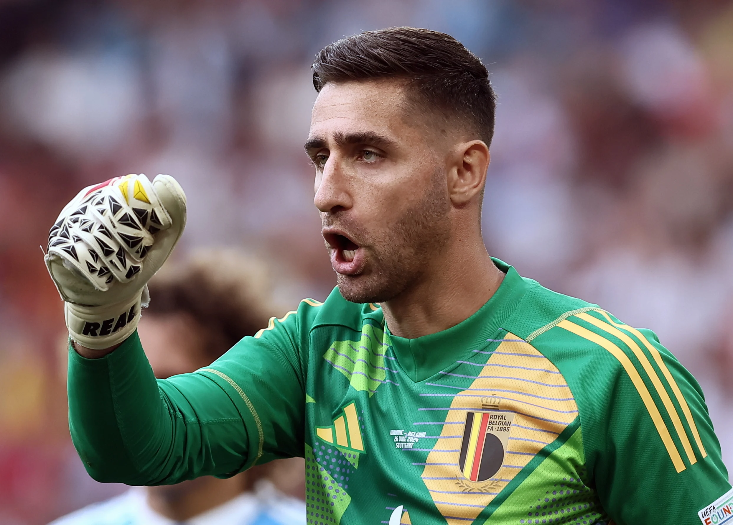 Belgium's goalkeeper Koen Casteels reacts during a soccer game between Ukraine and Belgian national soccer team Red Devils, Wednesday 26 June 2024 in Stuttgart, Germany, the third match in the group stage of the UEFA Euro 2024 European championships. BELGA PHOTO BRUNO FAHY