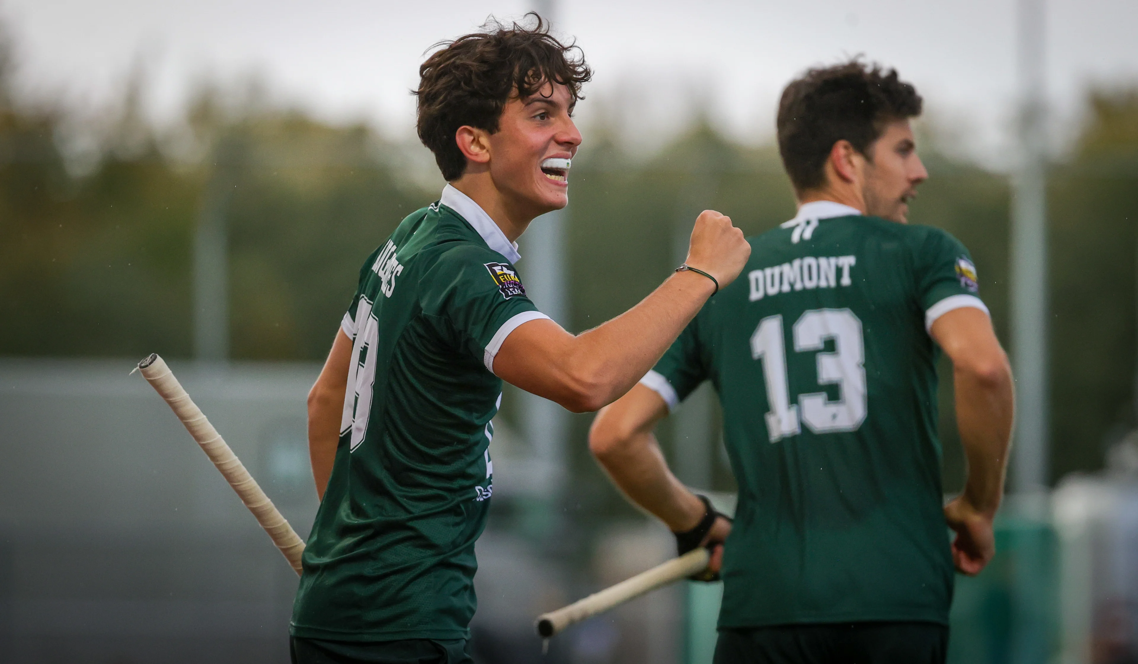 Watduck's Charlie Langendries celebrates after scoring during a hockey game between Waterloo Ducks and Gantoise, Sunday 15 October 2023 in Waterloo, on day seven of the Belgian Men Hockey League season 2023-2024. BELGA PHOTO VIRGINIE LEFOUR