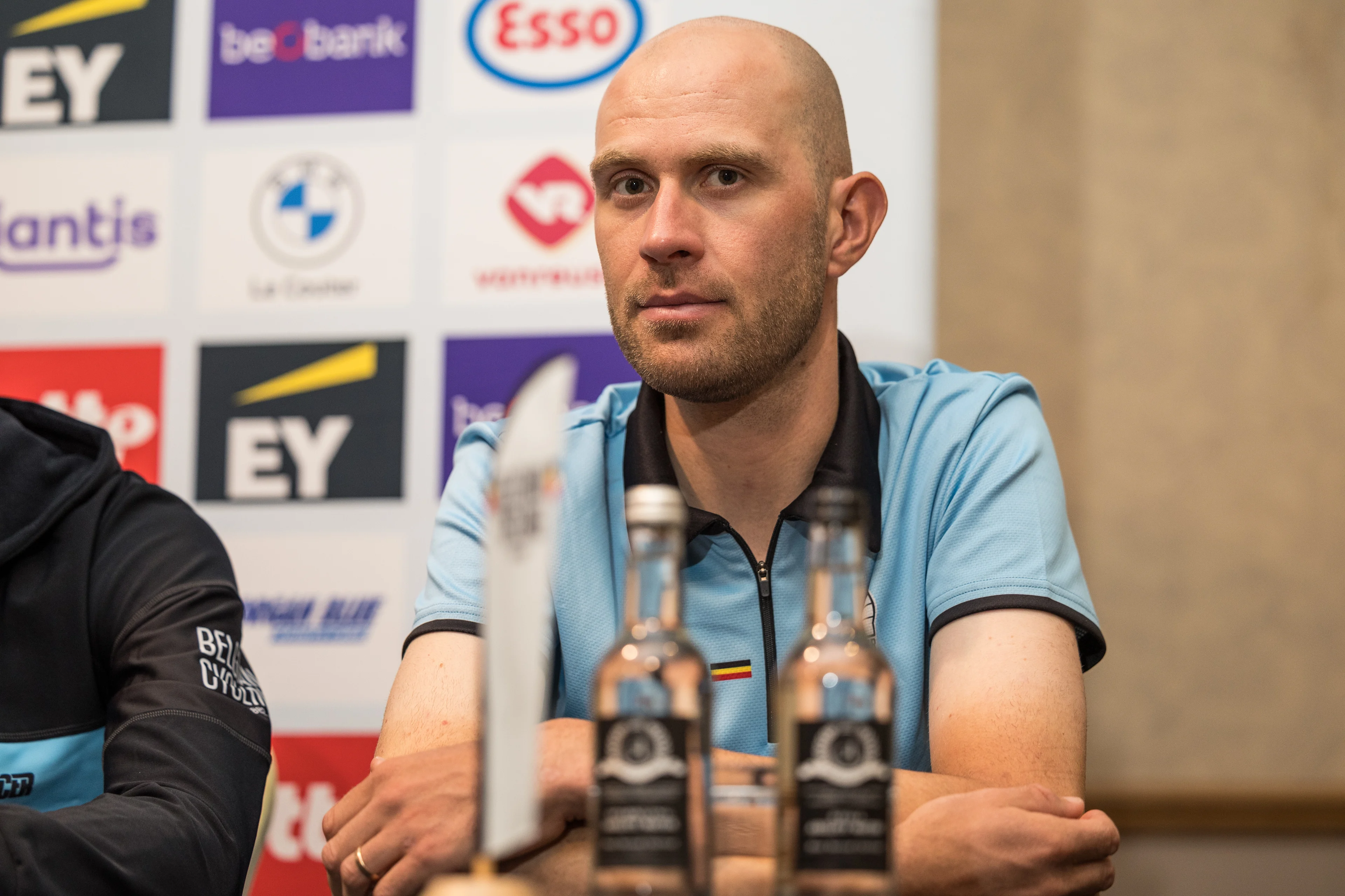 Belgian Frederik Frison of Lotto-Dstny pictured during a press conference at the UCI Road World Championships Cycling 2023, in Glasgow, United Kingdom on Friday 04 August 2023. UCI organizes the worlds with all cycling disciplines, road cycling, indoor cycling, mountain bike, BMX racing, road paracycling and indoor paracycling, in Glasgow from 05 to 13 August. BELGA PHOTO DAVID PINTENS