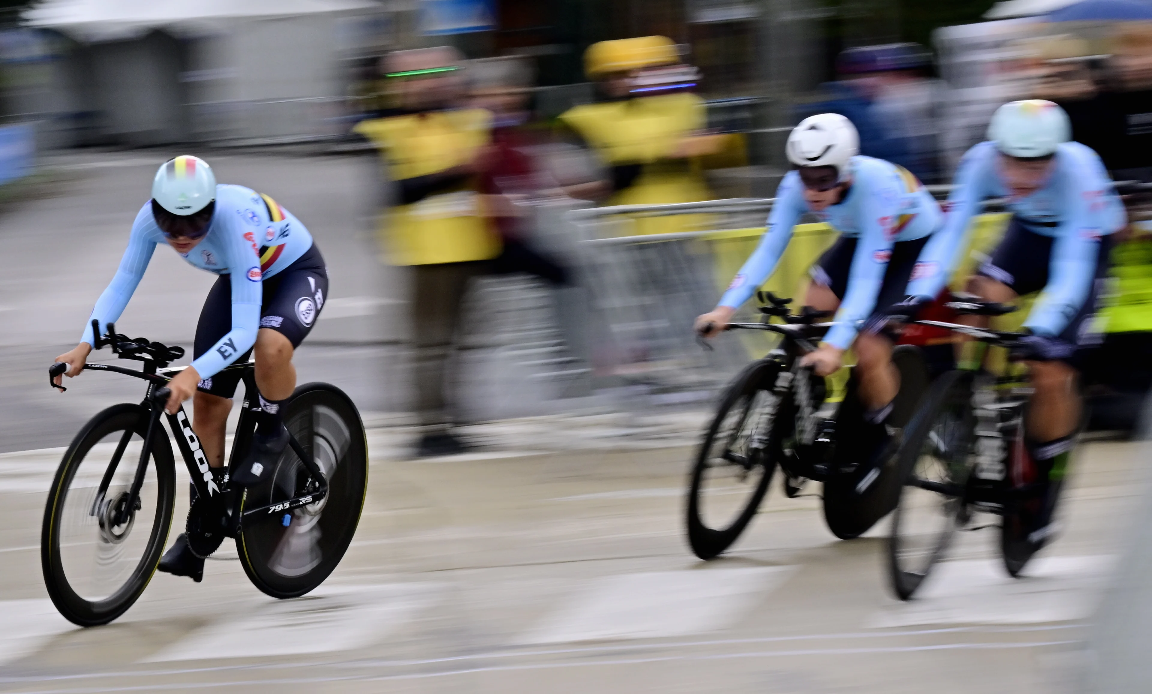 Belgium Female Team Alana Castrique, Marion Norbert Riberolle and Jesse Vandenbulcke pictured in action during the time trial mixed relay elite at the European Championship 2024, in Hasselt, Thursday 12 September 2024. The UEC Road European Championships 2024 will take place from 11 to 15 september in Limburg, Belgium. BELGA PHOTO DIRK WAEM