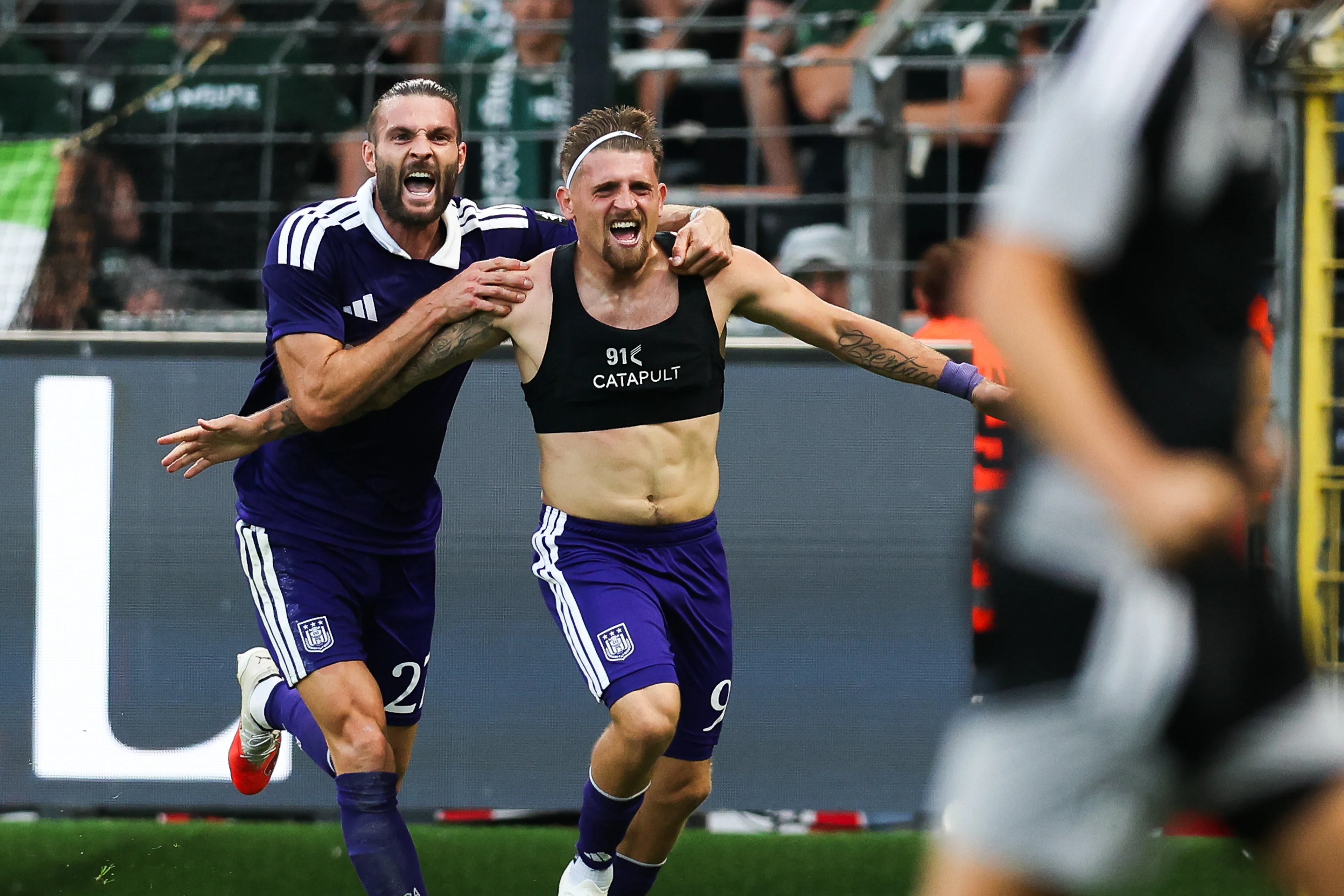 Anderlecht's Adriano Bertaccini celebrates after scoring during a soccer match between RSC Anderlecht and RAAL La Louviere, Sunday 9 August 2026 in Anderlecht, on day 1 of the 2026-2027 'Jupiler Pro League' first division of the Belgian championship. BELGA PHOTO BRUNO FAHY
