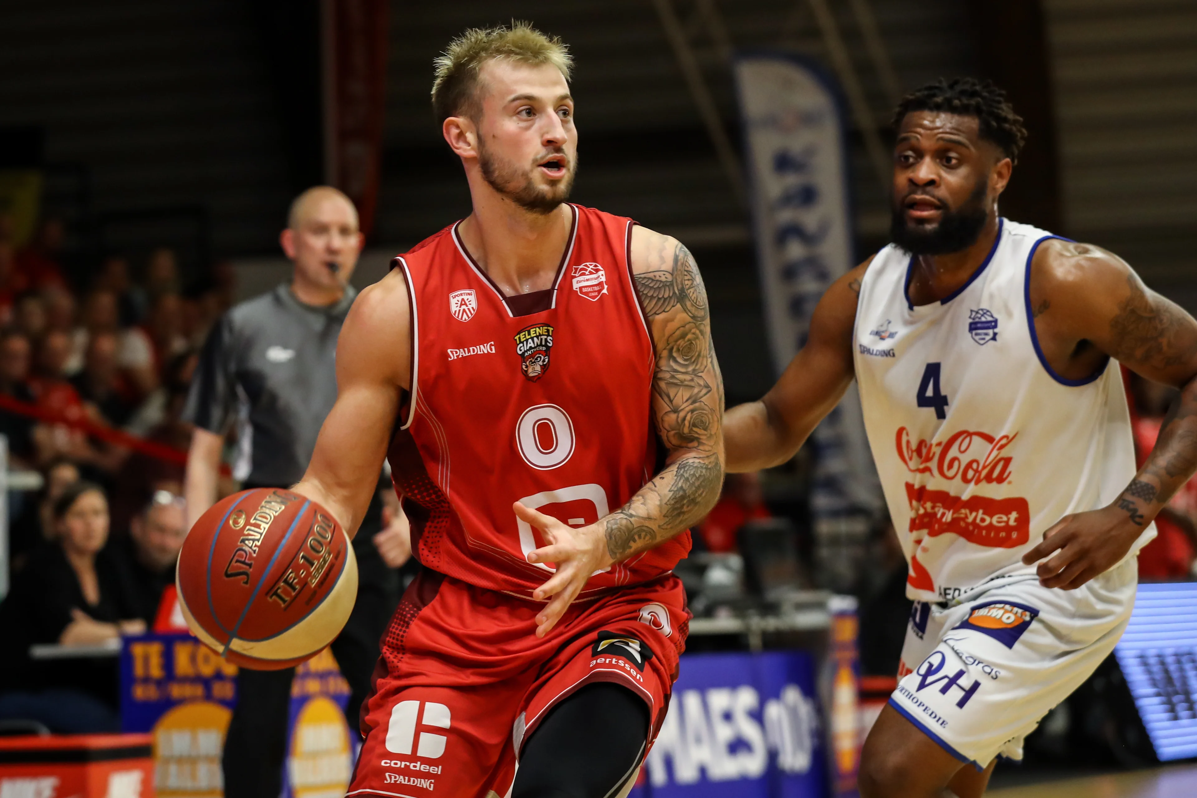 Antwerp's Thomas Akyazili and Mechelen's Ordane Kanda pictured in action during the basketball match between Kangoeroes Mechelen and Antwerp Giants, Monday 27 May 2019 in Mechelen, second quarter finals match in the playoffs of the 'EuroMillions League' Belgian first division basket competition. BELGA PHOTO DAVID PINTENS