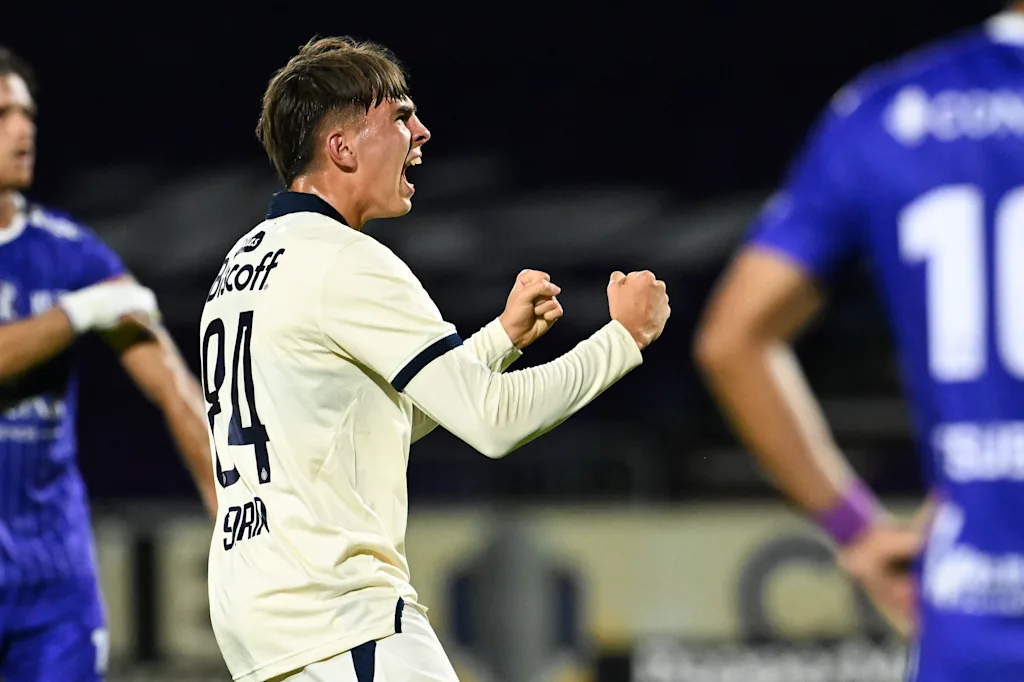 Club's Matteo Soria celebrates after scoring during a soccer match between Patro Eisden and Club NXT, Saturday 29 August 2026 in Maasmechelen, on day 3 of the 2026-2027 'Challenger Pro League' second highest division of the Belgian championship. BELGA PHOTO JILL DELSAUX