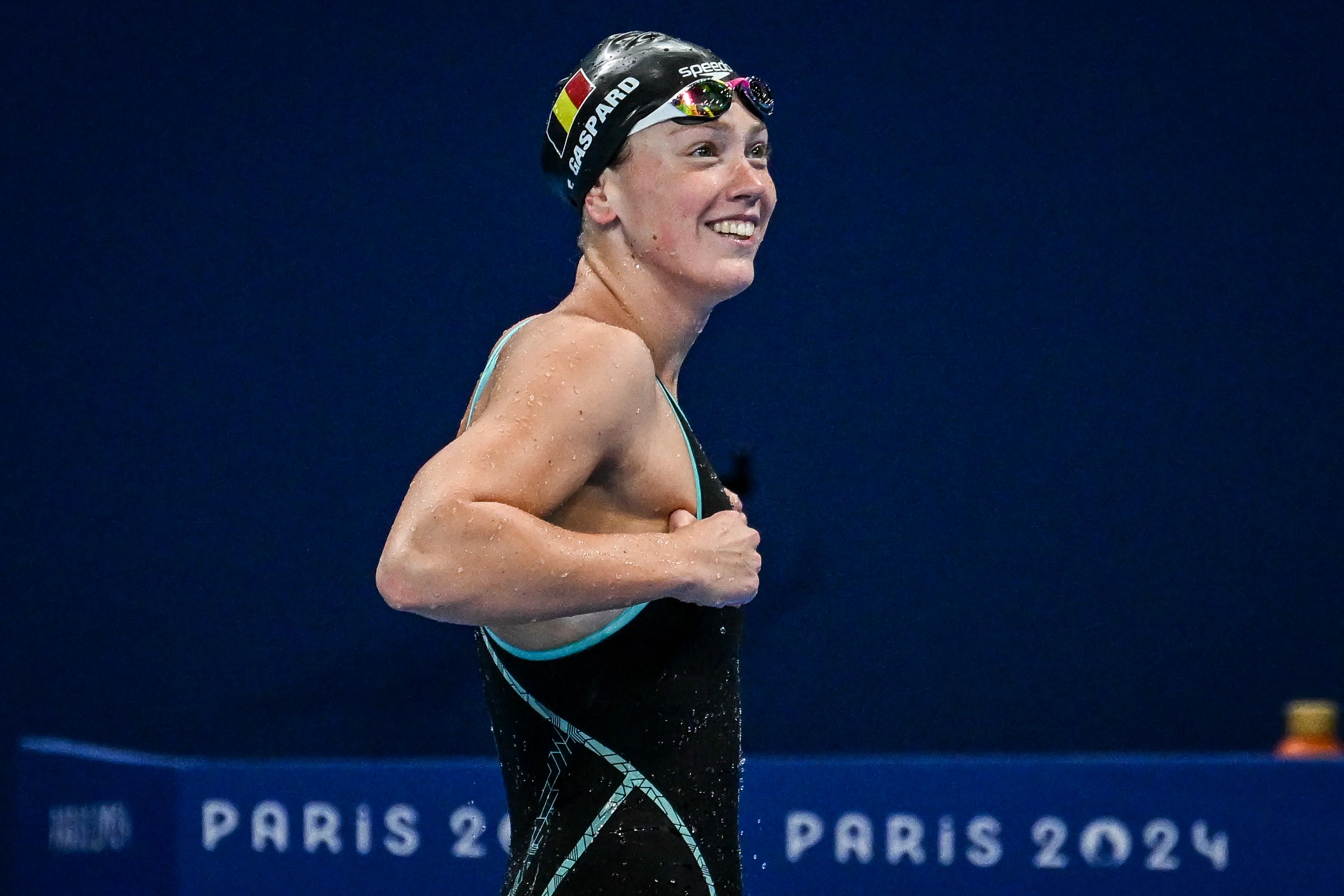 Belgian swimmer Florine Gaspard pictured after the heats of the women's 50m freestyle swimming competition at the Paris 2024 Olympic Games, on Saturday 03 August 2024 in Paris, France. The Games of the XXXIII Olympiad are taking place in Paris from 26 July to 11 August. The Belgian delegation counts 165 athletes competing in 21 sports. BELGA PHOTO ANTHONY BEHAR   **  ** *** BELGIUM ONLY ***