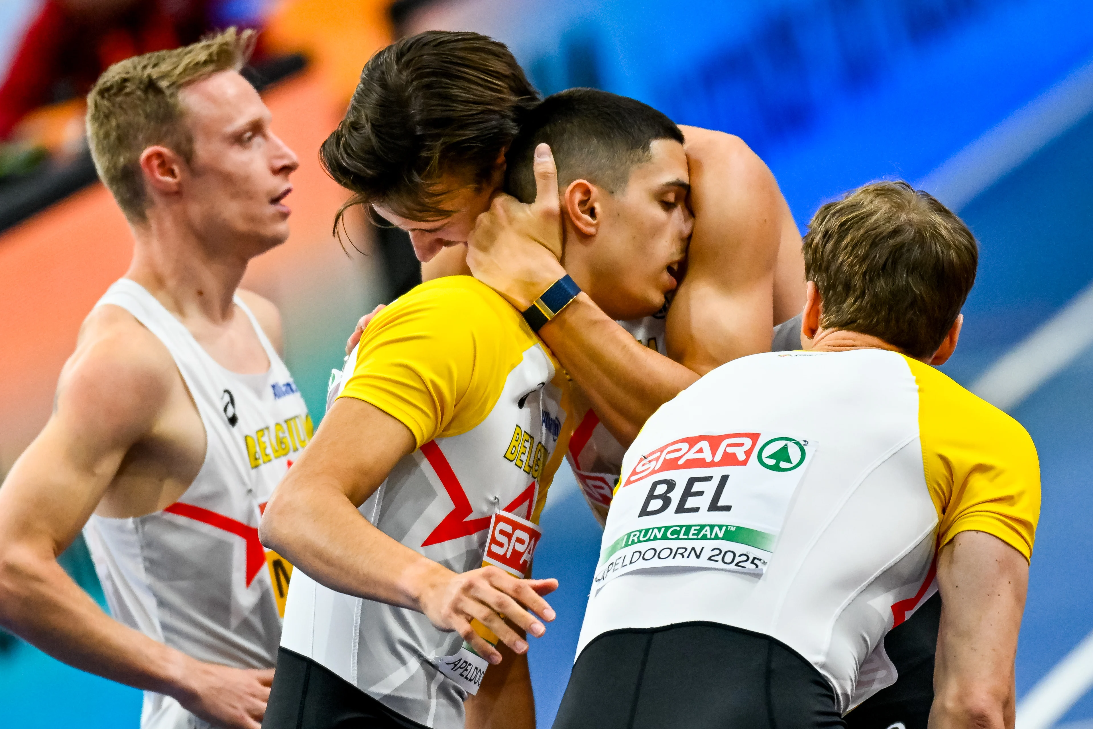 Belgian Florent Mabille, Belgian Jonathan Sacoor, Belgian Christian Iguacel and Belgian Julien Watrin pictured after the European Athletics Indoor Championships, in Apeldoorn, The Netherlands, Sunday 09 March 2025. The championships take place from 6 to 9 March. BELGA PHOTO ERIC LALMAND