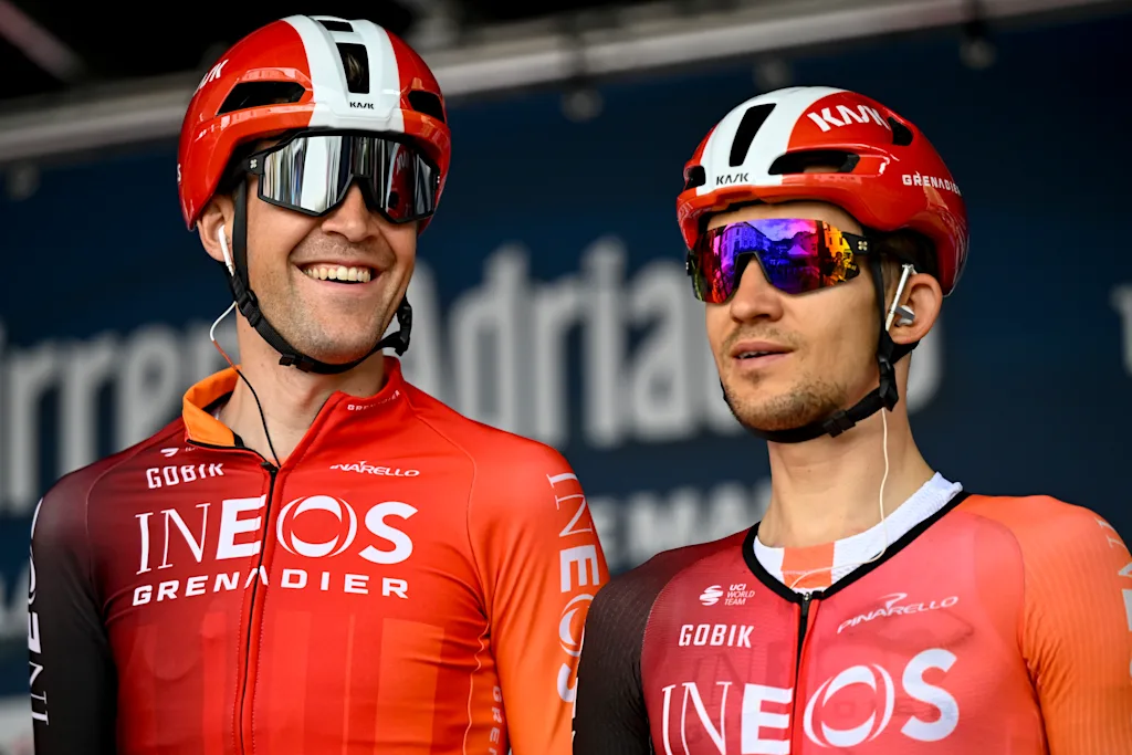 Belgian Laurens De Plus of Ineos Grenadiers and Polish Michal Kwiatkowski of Ineos Grenadiers pictured at the start of the second stage of the Tirreno-Adriatico cycling race, a 189km race from Camaiore to Follonica, Italy, Tuesday 11 March 2025. BELGA PHOTO DIRK WAEM