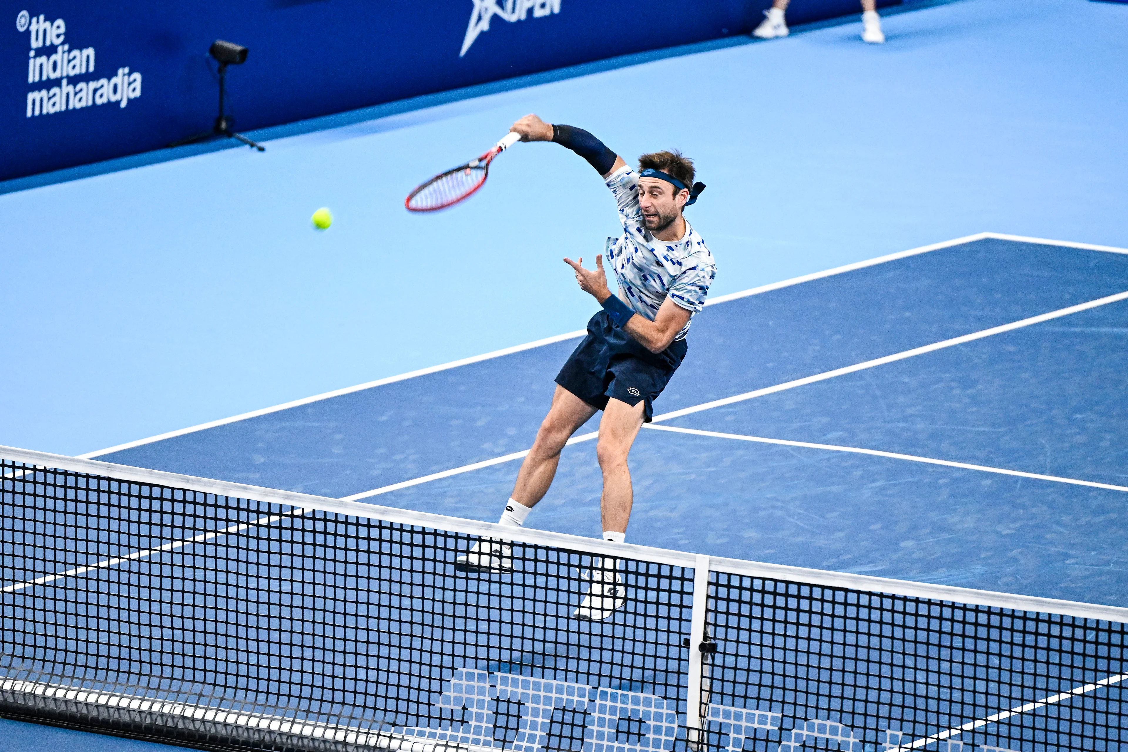 Belgian Sander Gille pictured in action during a tennis match in the quarter final of the doubles competition at the ATP European Open Tennis tournament in Antwerp, Thursday 17 October 2024. BELGA PHOTO TOM GOYVAERTS