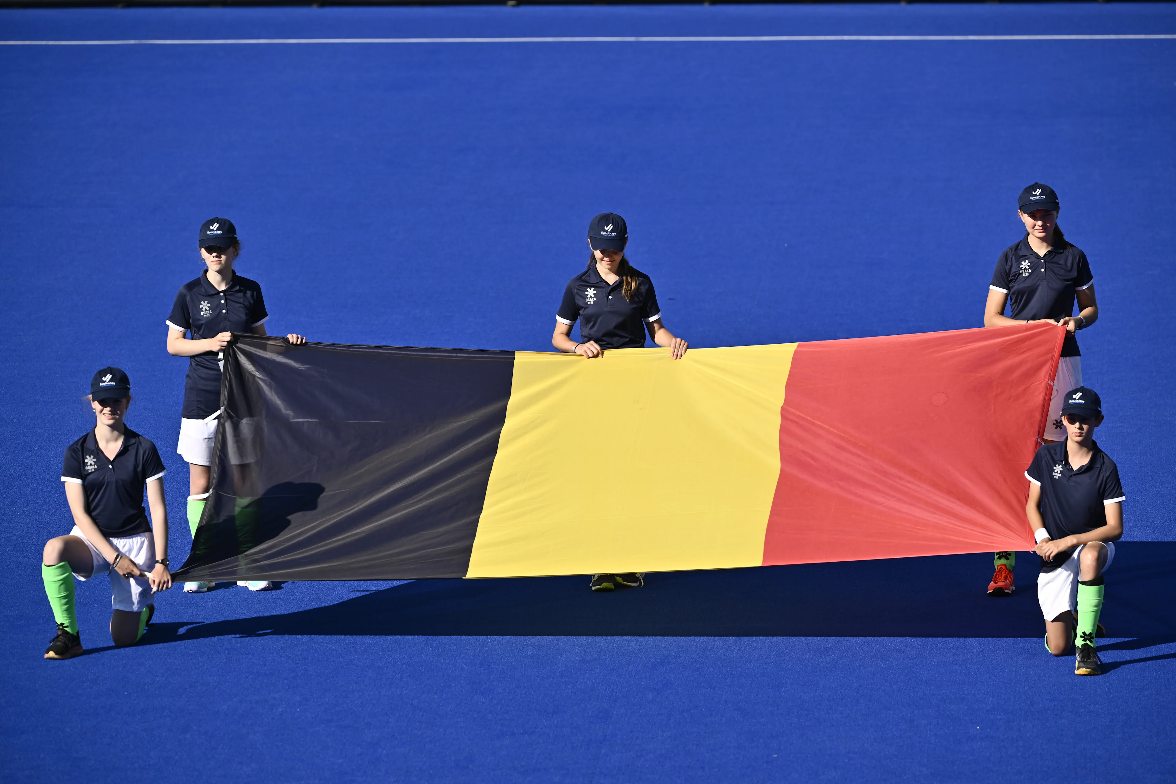 The Belgian flag is seen before a hockey game between England and the Belgian national team Red Panthers, match 2/3 in the pool stage of the 2025 women's European championships, Monday 11 August 2025 in Monchengladbach, Germany. BELGA PHOTO ERIC LALMAND