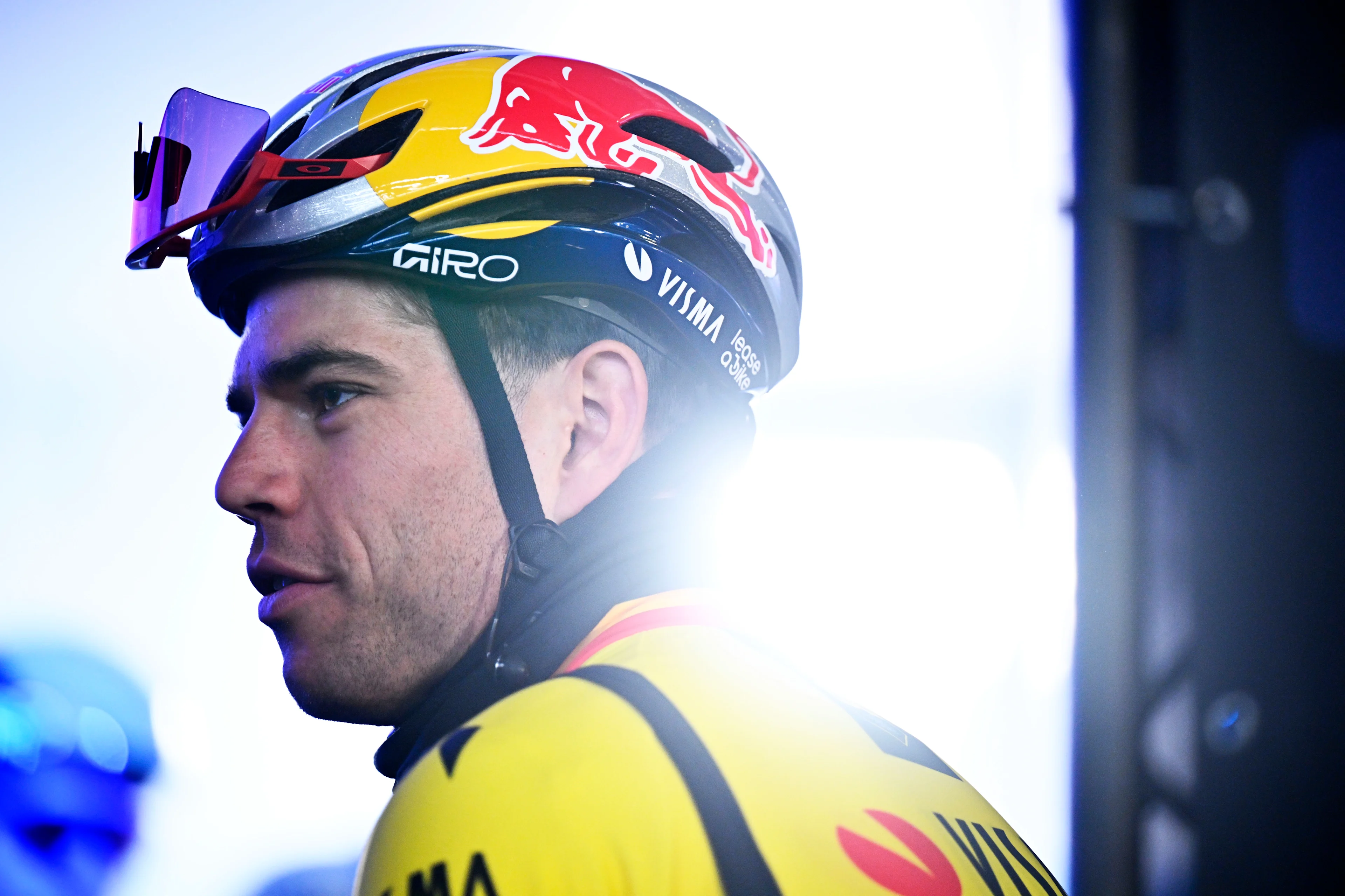 Belgian Wout van Aert of Team Visma-Lease a Bike pictured at the start of the 80th edition of the men's one-day cycling race Omloop Het Nieuwsblad (UCI World Tour), 197 km from Gent to Ninove, Saturday 01 March 2025. BELGA PHOTO JASPER JACOBS