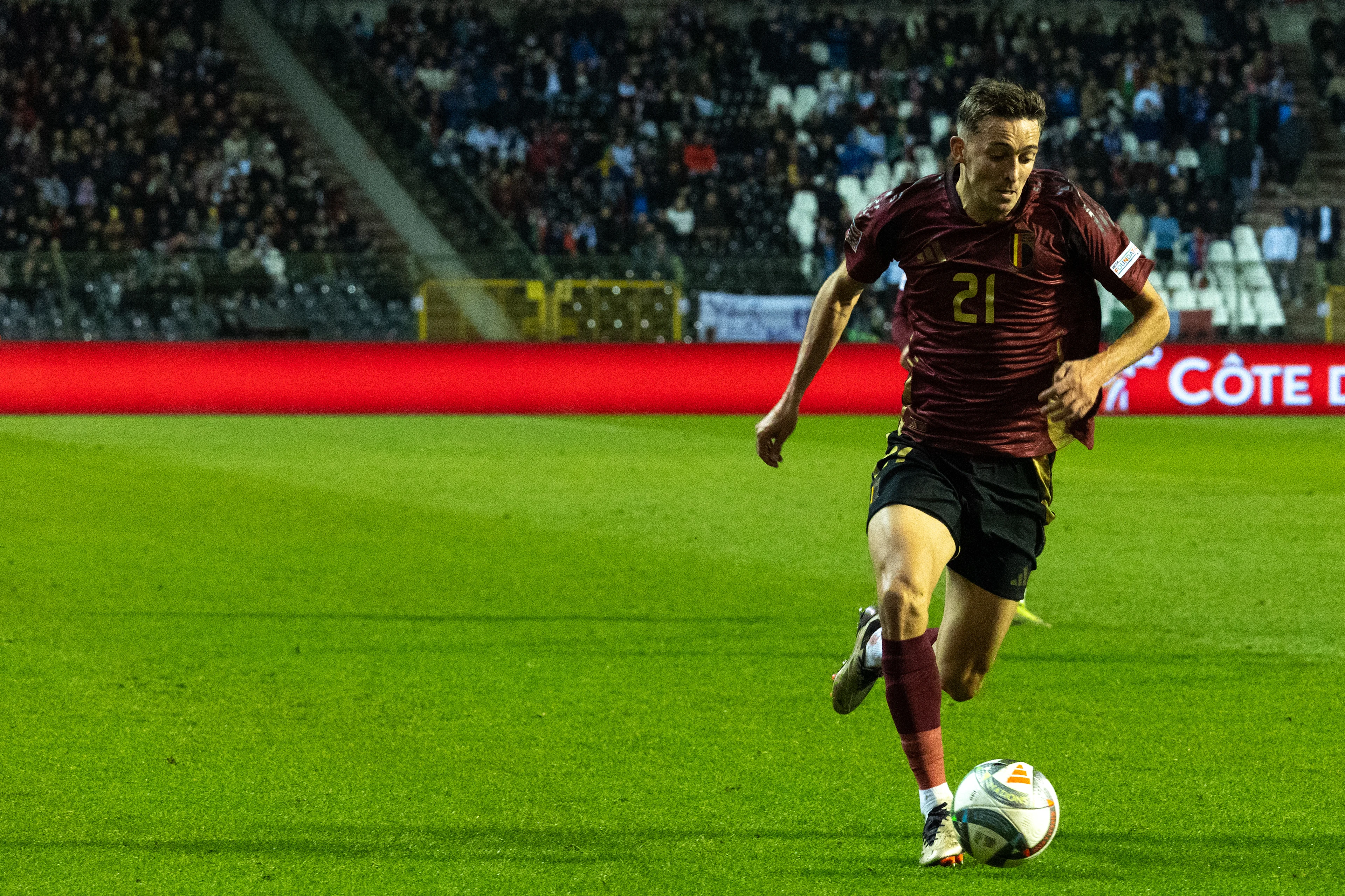 Belgium's Timothy Castagne pictured in action during a soccer game between Belgian national soccer team Red Devils and Italy, match 5 (out of 6) in the League A Group 2 of the UEFA Nations League 2025 competition, Thursday 14 November 2024 in Brussels. BELGA PHOTO WARD VANDAEL