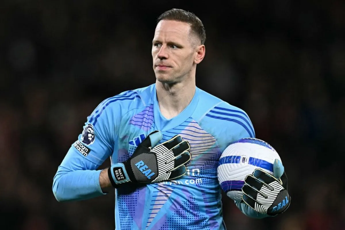 Nottingham Forest's Belgian goalkeeper #26 Matz Sels reacts during the English Premier League football match between Nottingham Forest and Manchester United at The City Ground in Nottingham, central England, on April 1, 2025.  Paul ELLIS / AFP