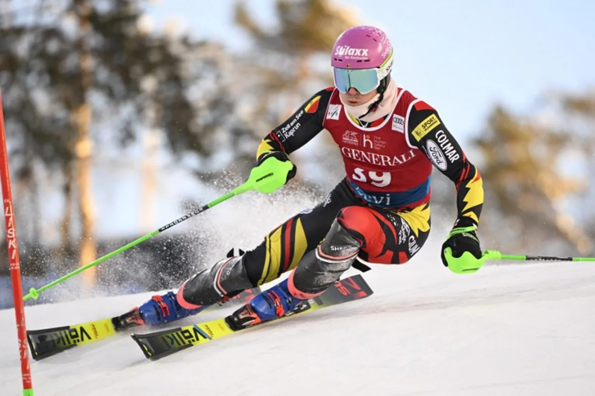 Belgium's Sam Maes competes during the first run of the men's slalom event of the FIS Alpine Skiing World Cup at the Levi Ski Centre in Kittila, Finland on November 16, 2025. Roni Rekomaa / Lehtikuva / AFP
