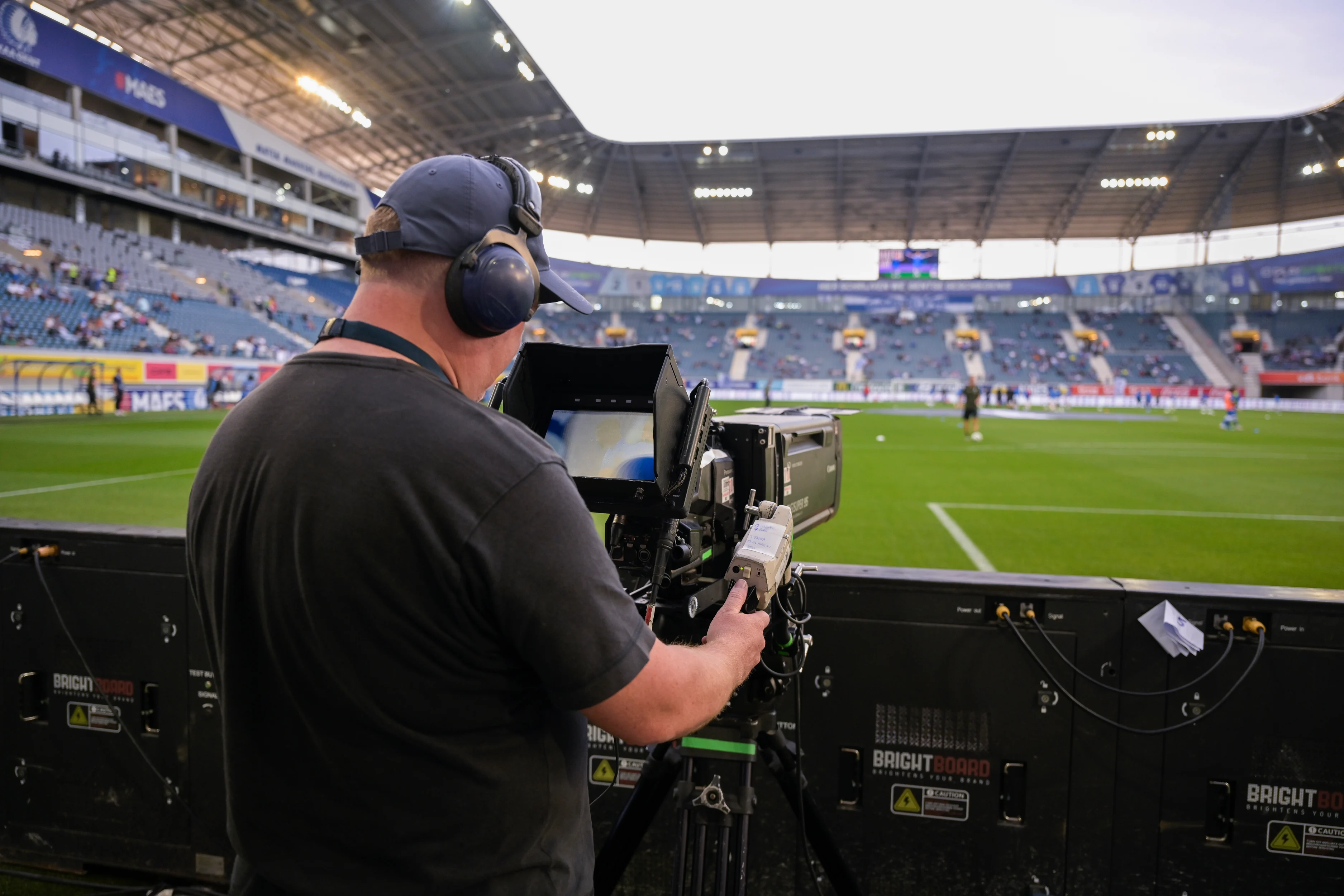 Illustration picture shows a cameraman during a soccer match between KAA Gent and KRC Genk, Sunday 08 October 2023 in Gent, on day 10 of the 2023-2024 season of the 'Jupiler Pro League' first division of the Belgian championship. BELGA PHOTO LAURIE DIEFFEMBACQ