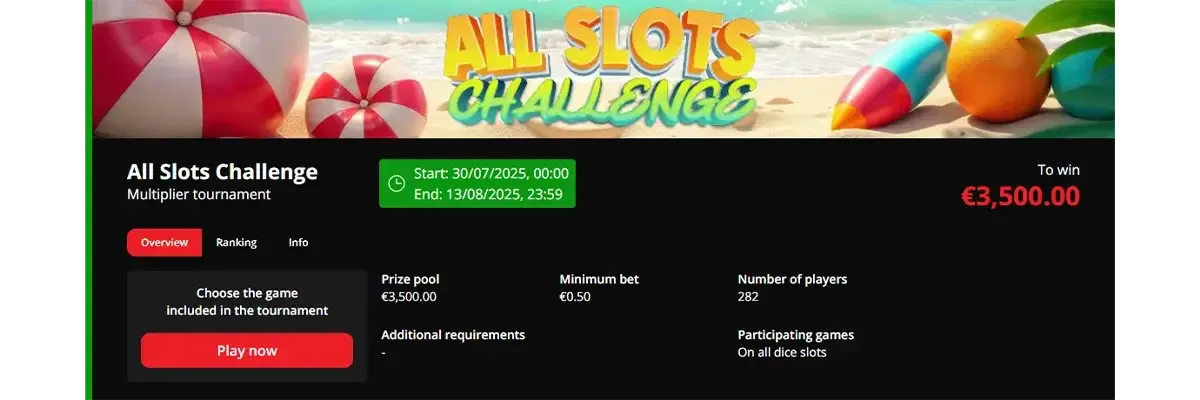 Visual of All Slots Challenge tournament: €3,500prize pool, dates, times and eligible dice slots at Casino King.