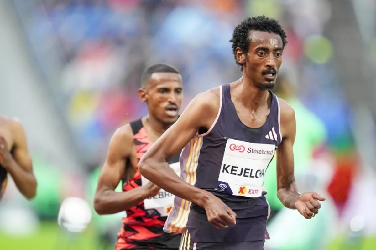 Yomif Kejelcha from Eritrea competes during the men's 5000 meters event of the Oslo Diamond League Bislett Games 2024 at Bislett Stadium in Oslo, Norway on May 30, 2024.  Heiko Junge / NTB / AFP