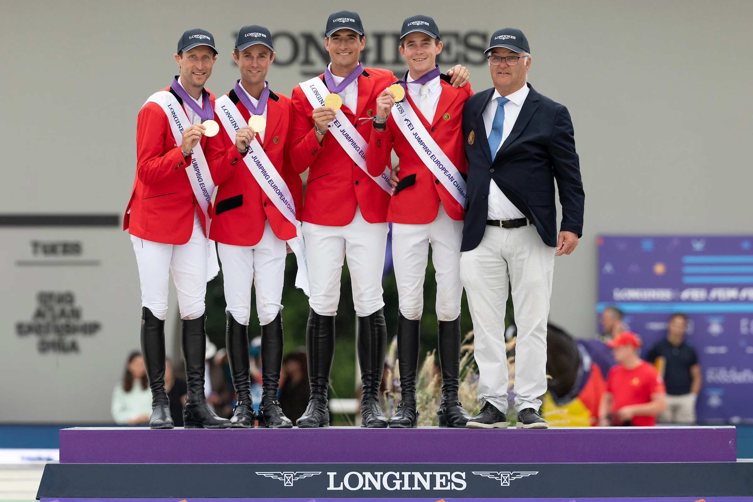 ATTENTION EDITORS - HANDOUT PICTURES - EDITORIAL USE ONLY - MANDATORY CREDIT MANDATORY CREDIT DIRK CAREMANS Handout picture released on Friday 19 July, by Dirk Caremans shows The Belgian showjumping team with Devos Pieter, Thomas Gilles, Philippaerts Nicola, Spits Thibault and Weinberg Peter, who claimed the gold medal on Friday evening in La Coruna, Spain, at the European Championship for Nations. Belga and Belga Editorial Board decline all responsibility regarding the content of this picture. HAND OUT DIRK CAREMANS