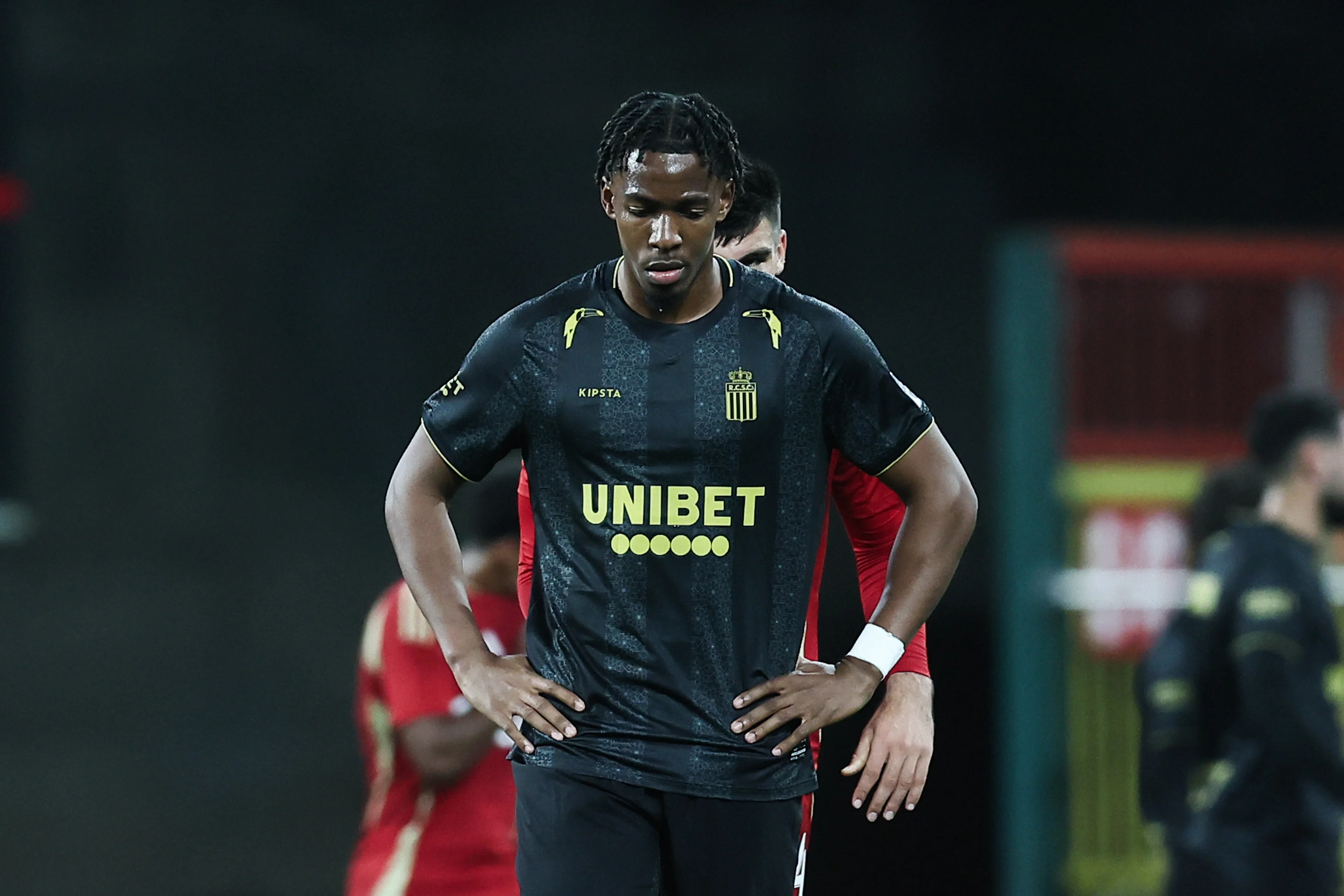 Charleroi's Youssuf Sylla looks dejected during a soccer match between Standard de Liege and Sporting Charleroi, Sunday 20 October 2024 in Liege, on day 11 of the 2024-2025 season of the 'Jupiler Pro League' first division of the Belgian championship. BELGA PHOTO BRUNO FAHY