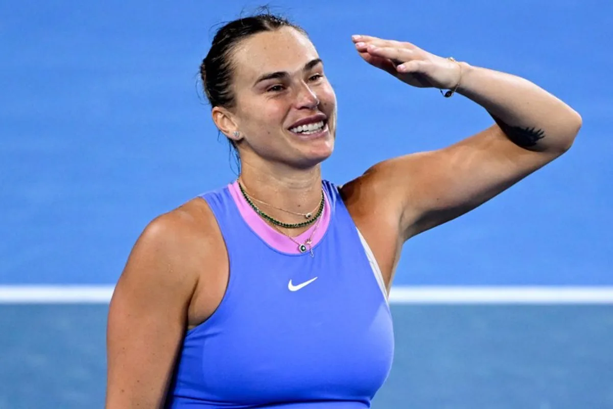 Belarus' Aryna Sabalenka celebrates winning her women's singles semi-final match against Russia's Mirra Andreeva at the Brisbane International tennis tournament in Brisbane on January 4, 2025.  William WEST / AFP