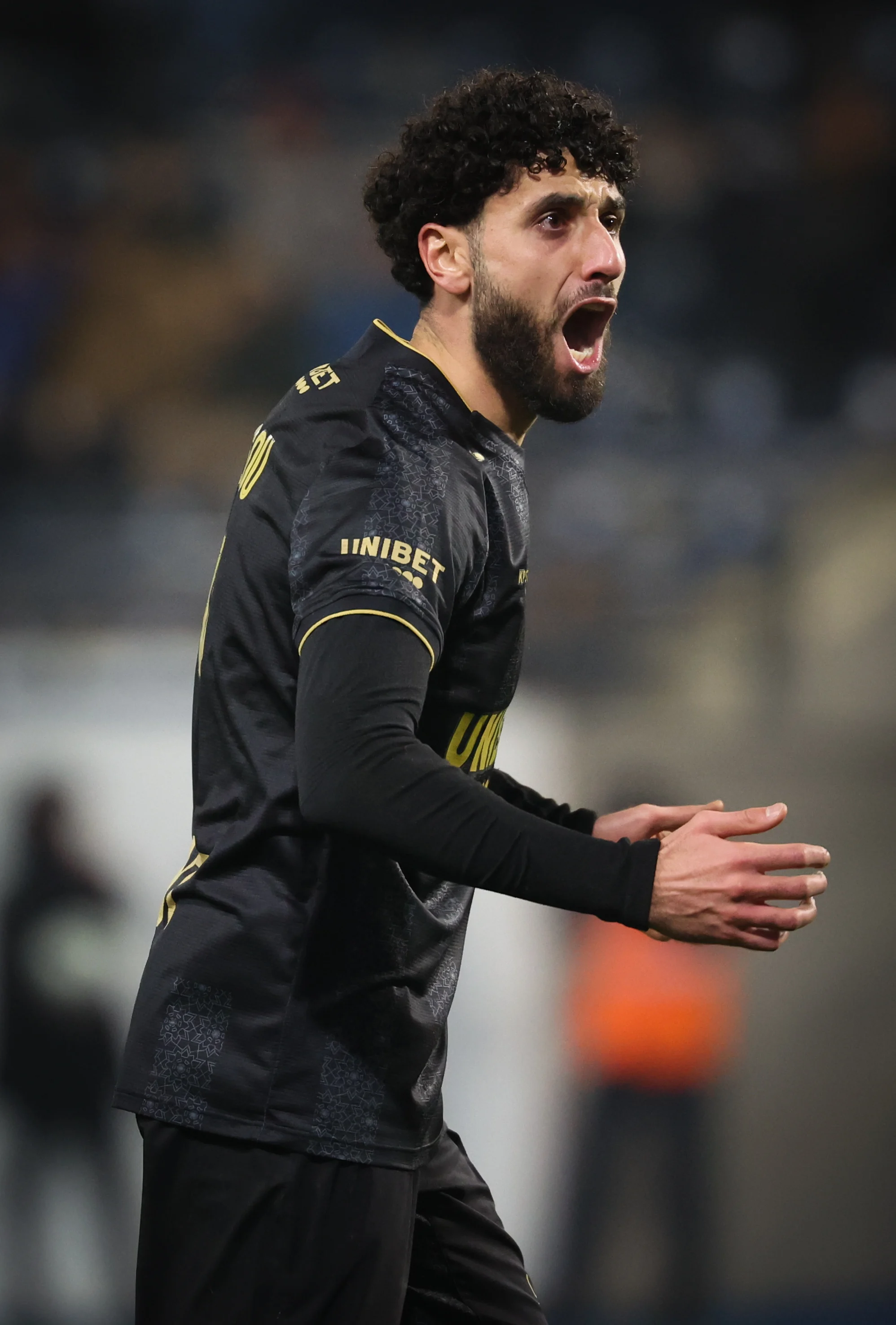 Charleroi's Aiham Ousou gestures during a soccer match between Oud-Heverlee Leuven and Sporting Charleroi, Saturday 14 December 2024 in Leuven, on day 18 of the 2024-2025 season of the 'Jupiler Pro League' first division of the Belgian championship. BELGA PHOTO VIRGINIE LEFOUR