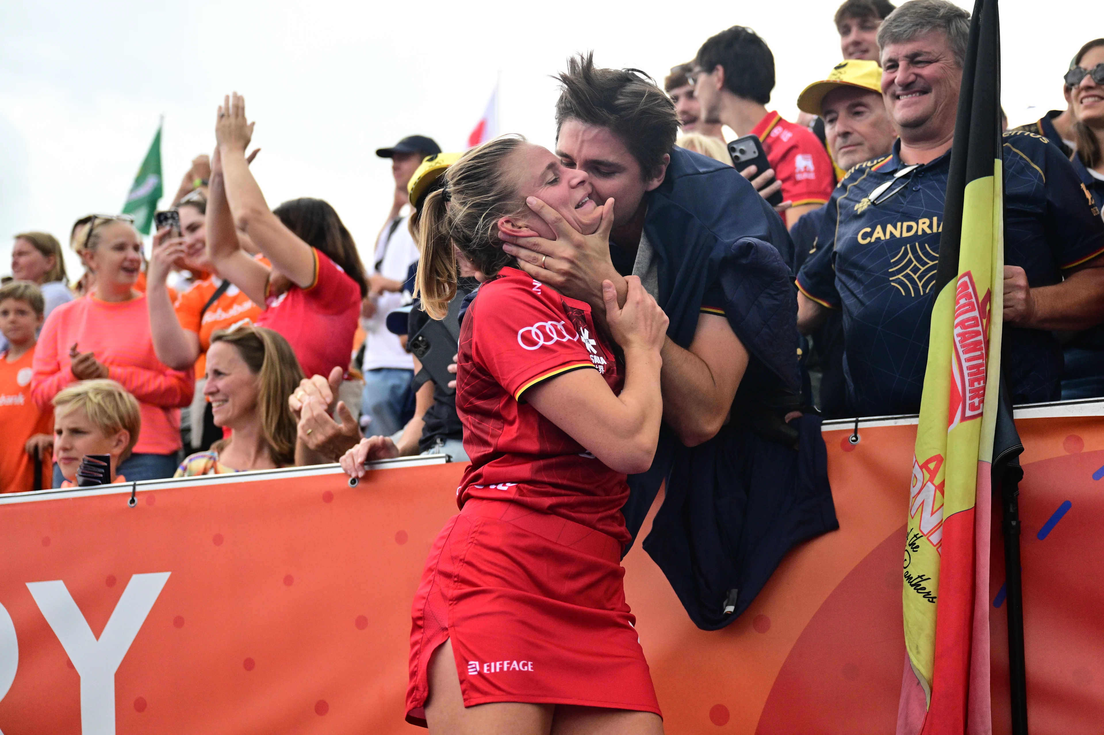 Belgium's Alix Gerniers celebrates with her partner after winning a field hockey game between Belgian national team Red Panthers and Australië, at the women's 2026 Hockey World Cup, on Saturday 29 August 2026 in Amsterdam. The 2026 edition of the Hockey World Cup takes place in Belgium and The Netherlands from August 15 to August 30. BELGA PHOTO DIRK WAEM