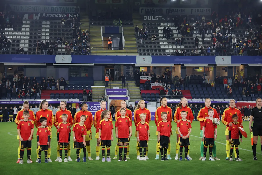 Belgium's team pictured at a soccer game between Belgium's national women's team the Red Flames and Poland, on Friday 9 October 2026 in Leuven, the first leg of the play-off for the 2027 FIFA Women's World Cup. BELGA PHOTO VIRGINIE LEFOUR