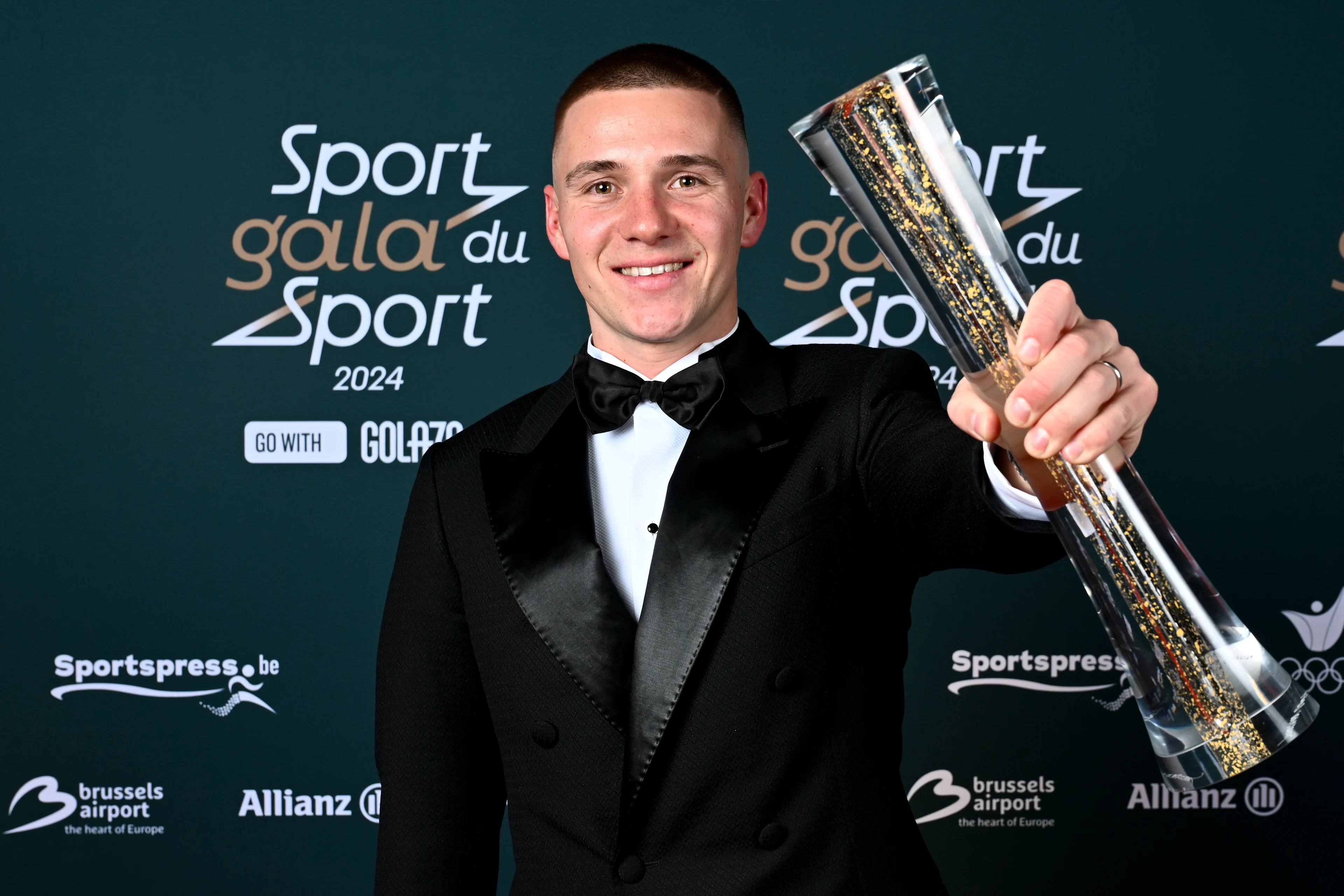 Belgian Remco Evenepoel poses for the photographer during the 'Sportgala' award show, to announce the sport women and men of the year 2024, Sunday 12 January 2025 in Zaventem. BELGA PHOTO DIRK WAEM