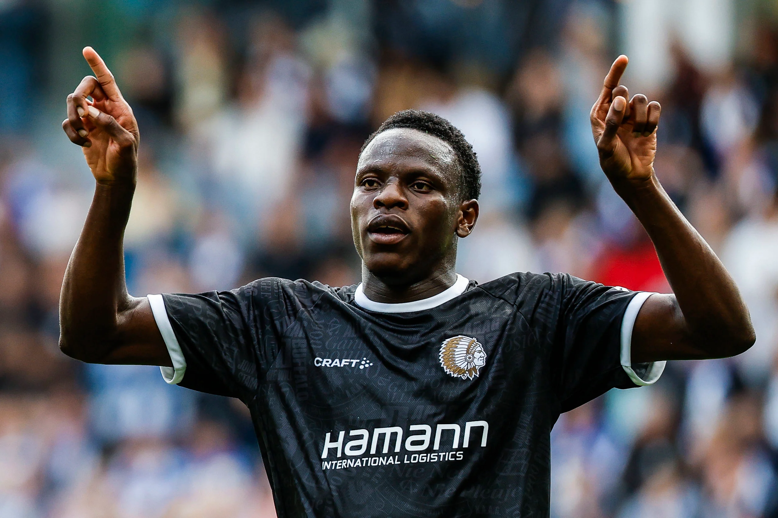Gent's Hyllarion Goore celebrates after scoring during a game between Swedish IFK Goteborg and Belgian KAA Gent, in Goteborg, Sweden, on Thursday 6th August 2026, a first leg game in the third qualifying round of the UEFA Conference League competition. BELGA PHOTO NICKLAS ELMRIN - BENELUX ONLY