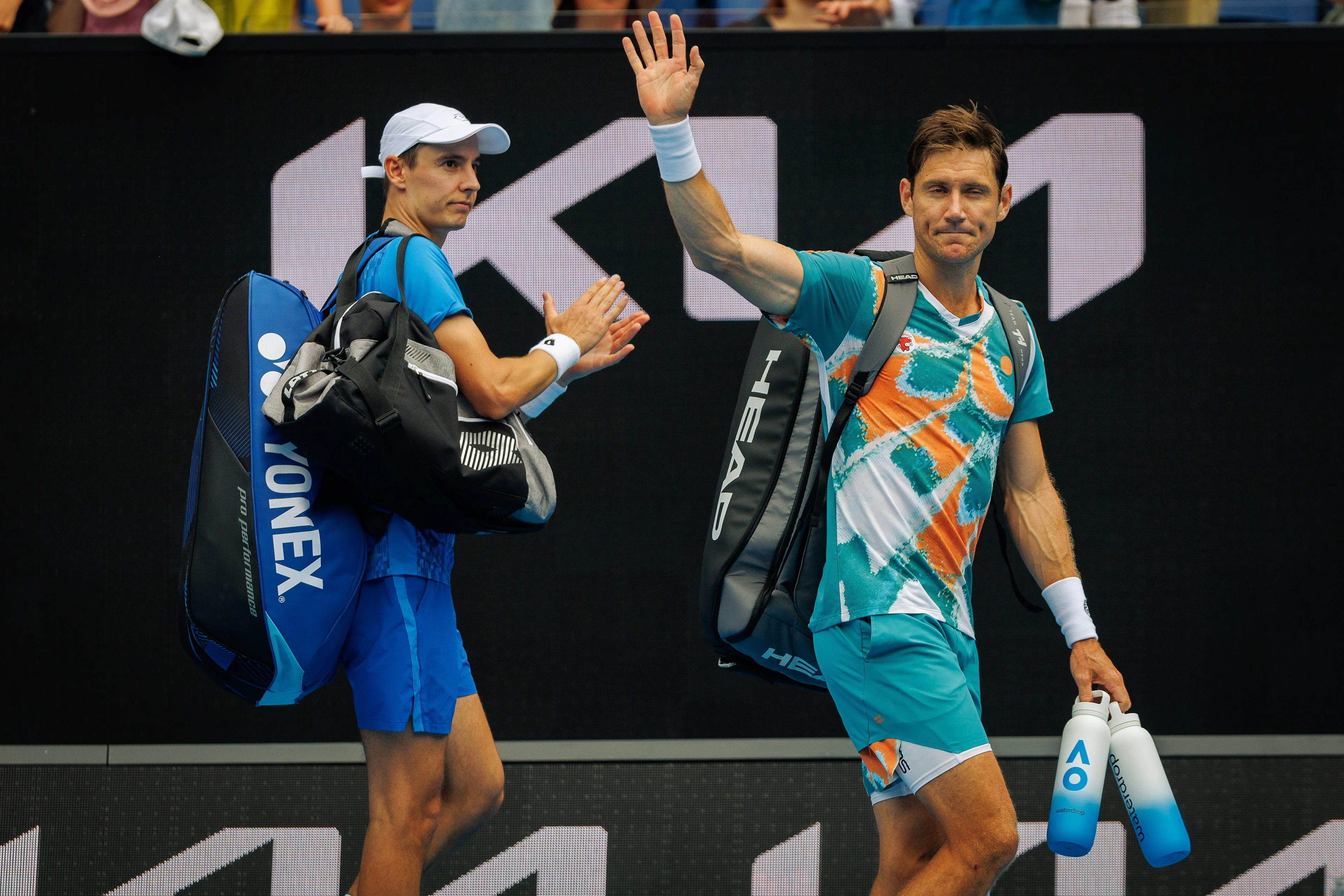 Belgian Joran Vliegen (blue) and Australia's Matthew Ebden pictured during a doubles tennis match between Belgian-Australian pair Vliegen-Ebden and American pair Krajicek-Ram, in the first round of the men's doubles at the 'Australian Open' Grand Slam tennis tournament, Friday 17 January 2025 in Melbourne Park, Melbourne, Australia. The 2025 edition of the Australian Grand Slam takes place from January 12th to January 26th. BELGA PHOTO PATRICK HAMILTON BELGIUM ONLY