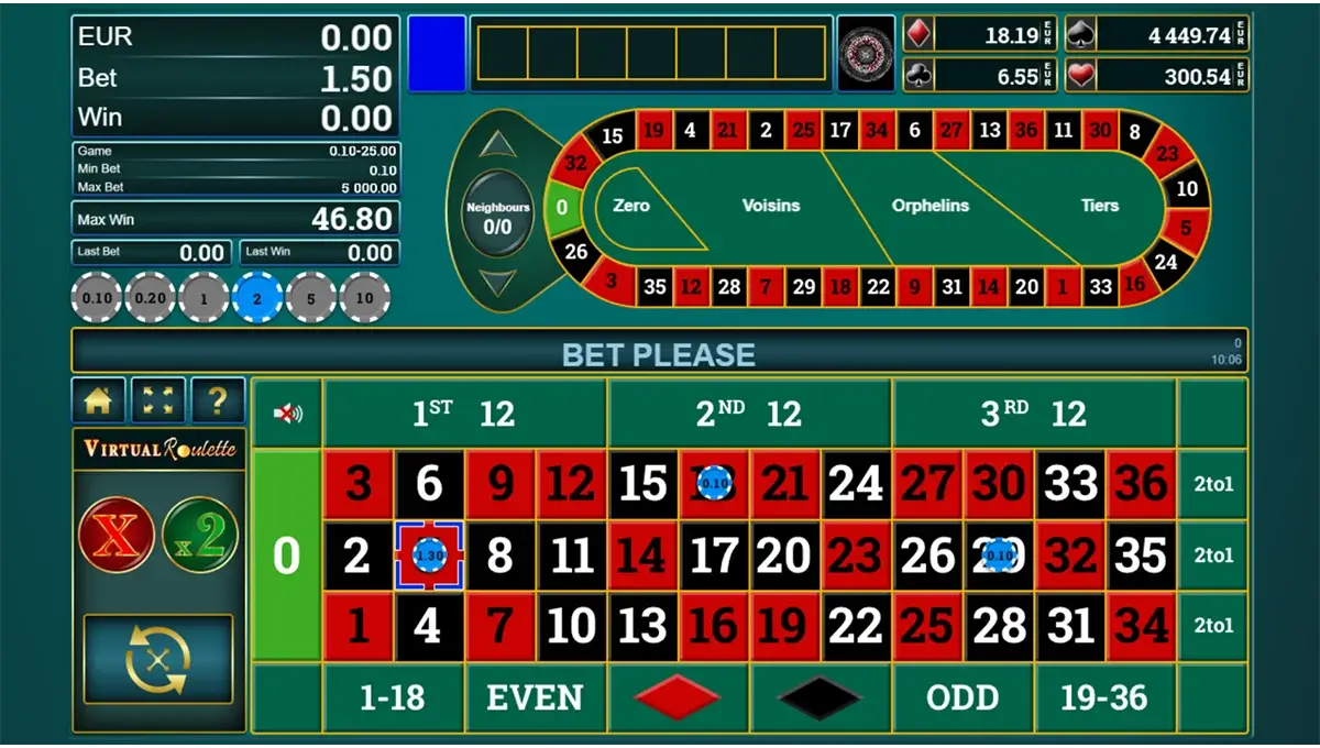 Weergave van het Virtual Roulette-speelveld met inzetten op nummers, strak ontwerp en zichtbare roulette